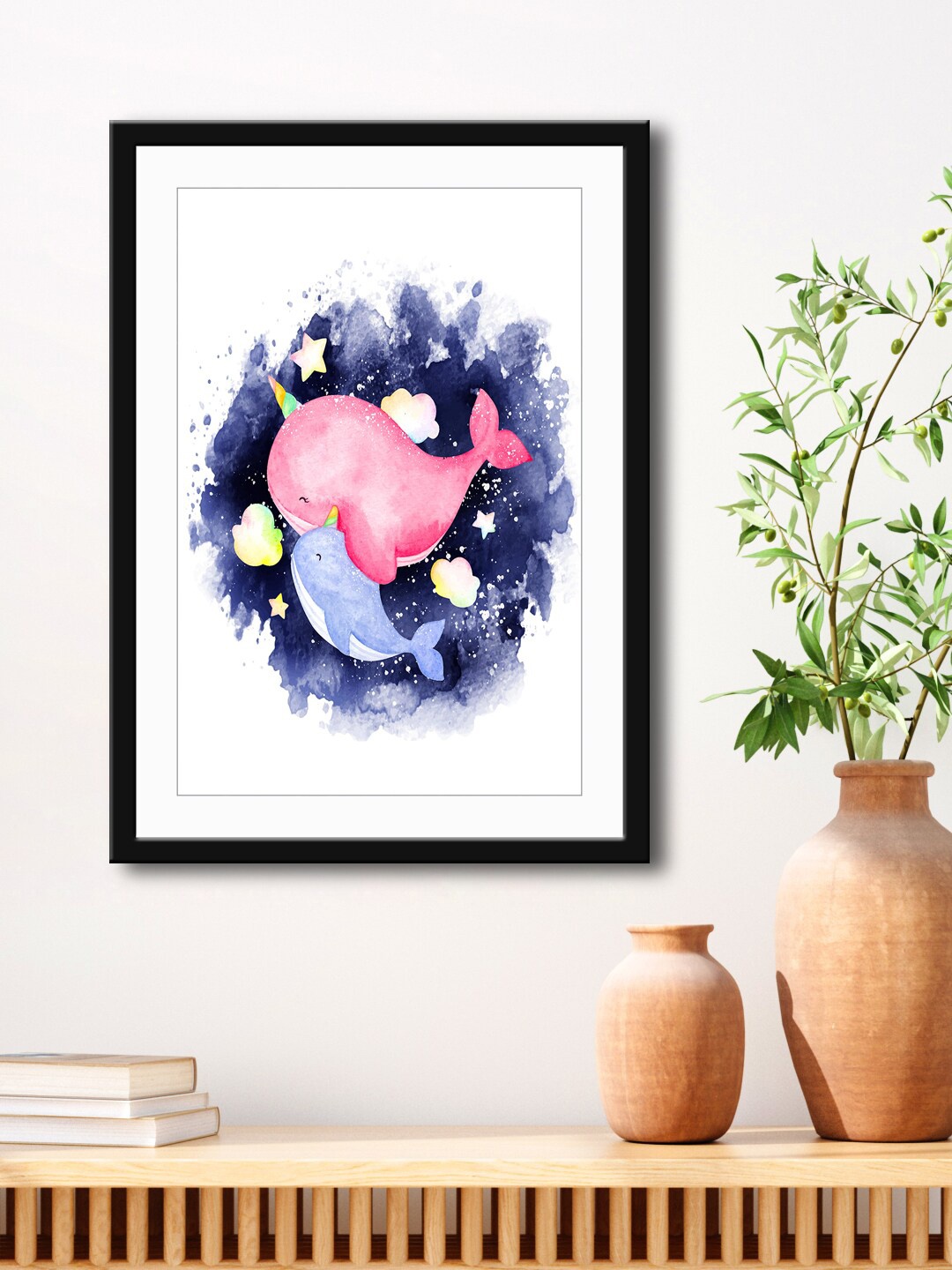

999Store White & Pink Dolphin HD Printed Framed Wall Art