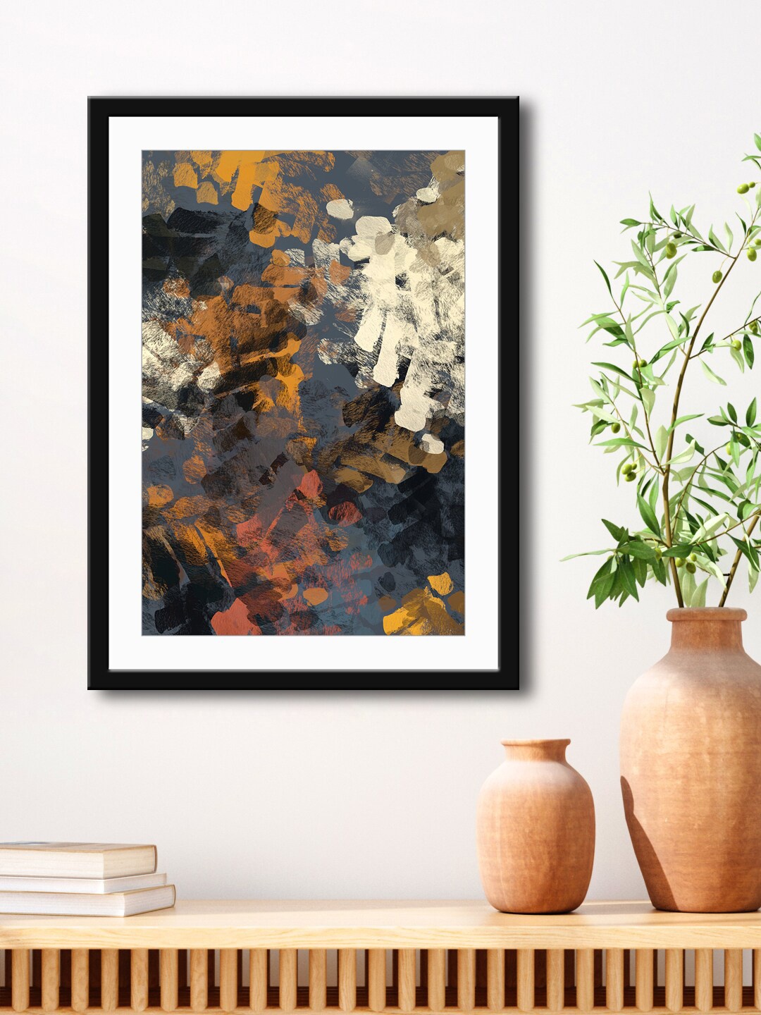 

999Store Grey & Orange Abstract Painting Printed Framed Wall Art