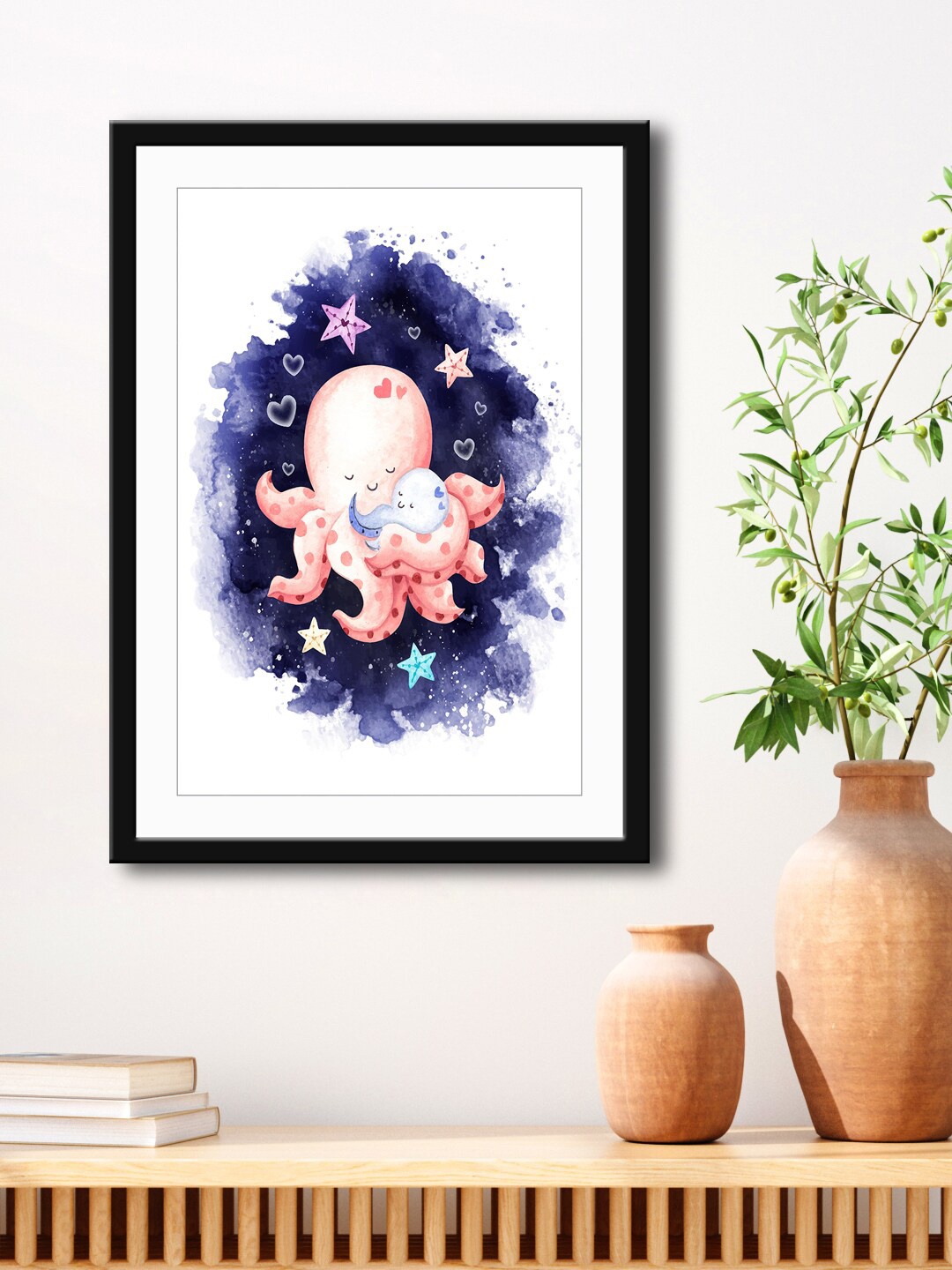 

999Store White & Purple Octopus With Baby HD Printed Framed Wall Art