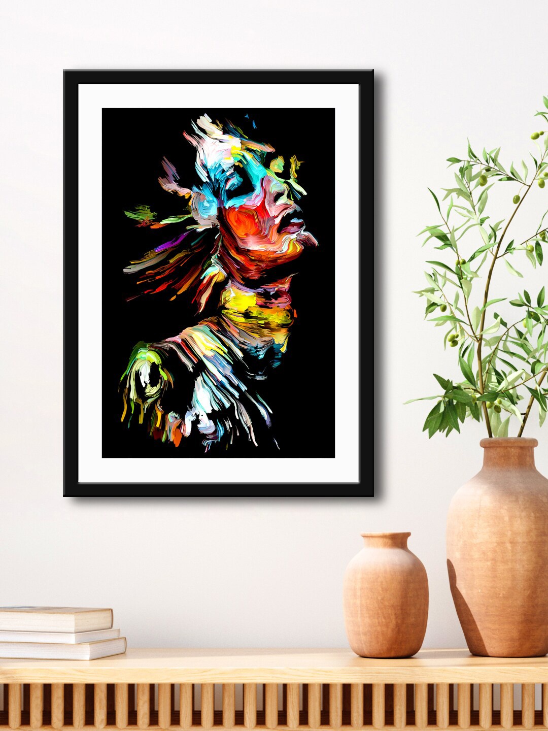 

999Store Black & Multi-Coloured Abstract Lady Face Painting Printed Framed Wall Art