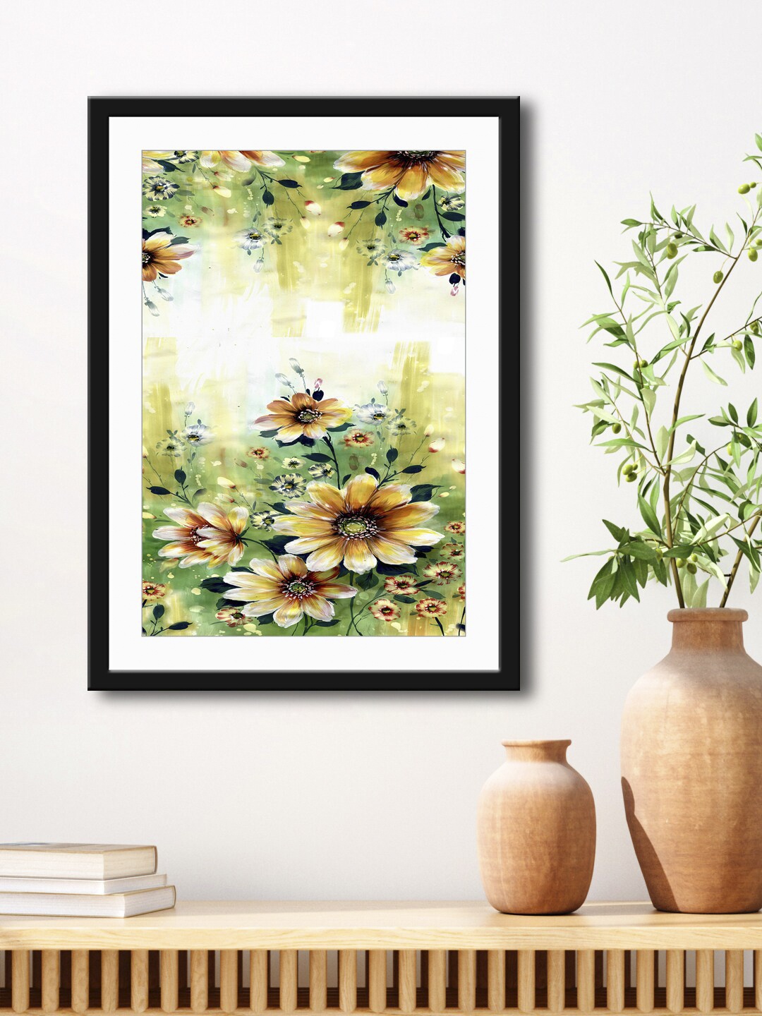 

999Store Green & Yellow Flowers HD Printed Framed Wall Art