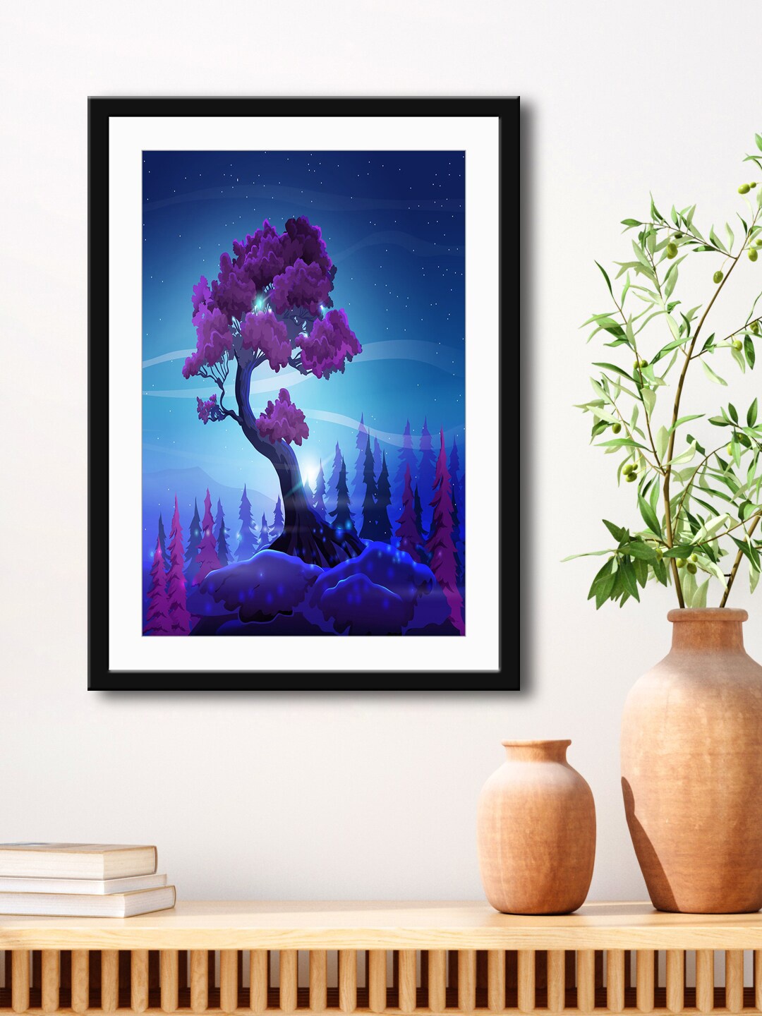 

999Store Blue & Purple Tree Framed Printed Paper Painting