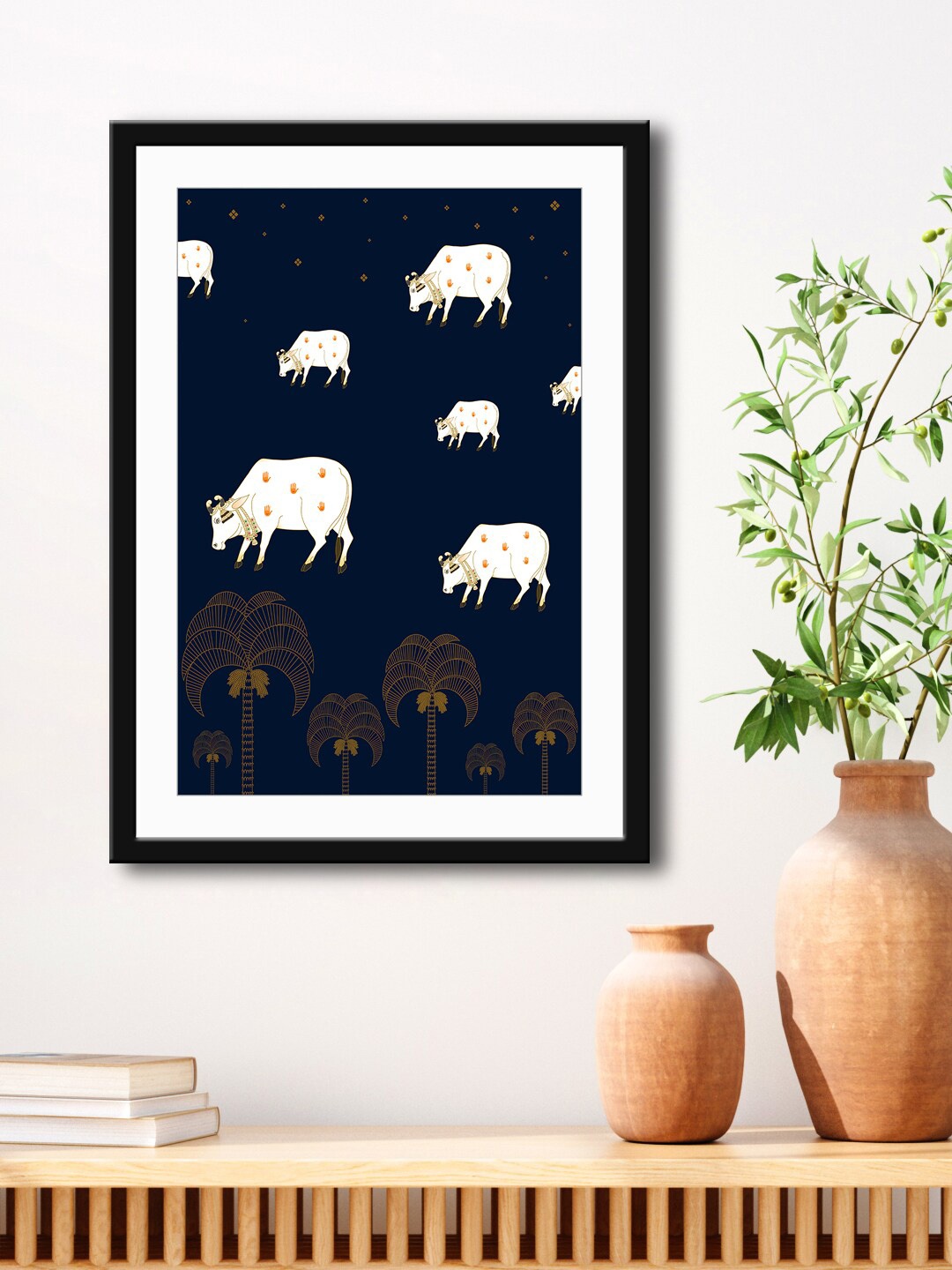 

999Store Navy Blue & White Cow With Flowers Framed Printed Paper Painting