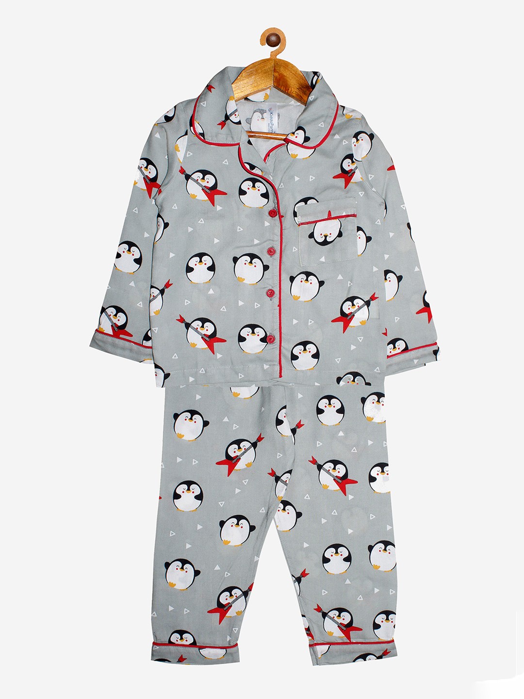 

KiddoPanti Girls Grey & White Penguin Printed Night Suit