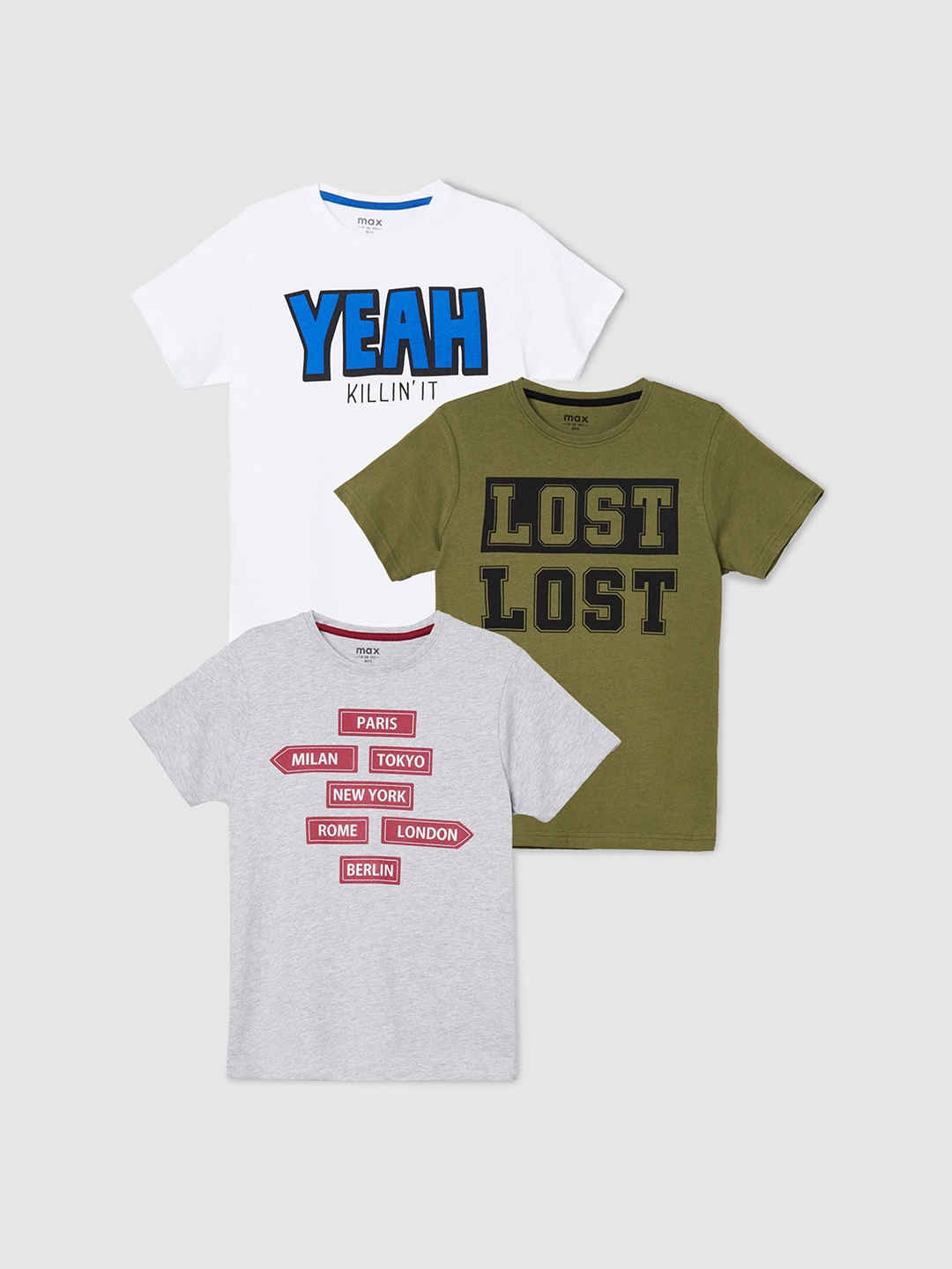 

max Boys Olive Green & Grey Typography 3 Printed Cotton T-shirts