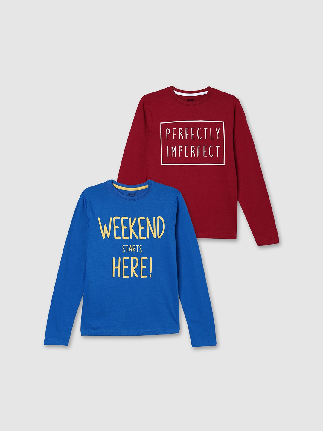 max Boys Navy Blue & Maroon Typography 2 Printed Cotton T-shirts