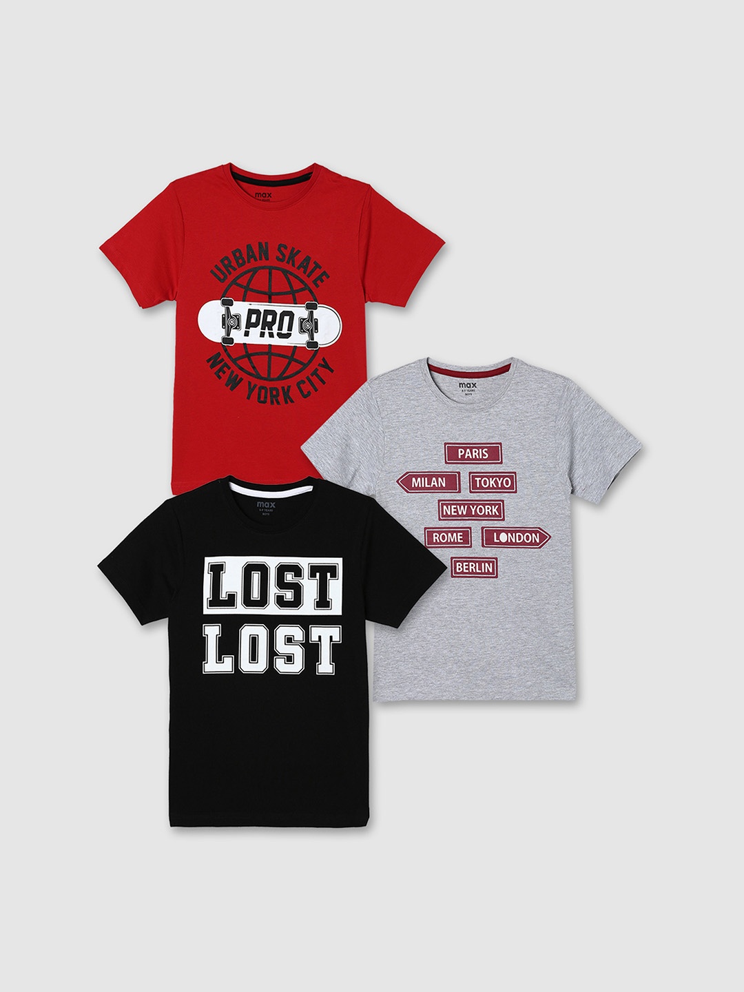 

max Pack of 3 Boys Typography Printed T-shirt, Grey