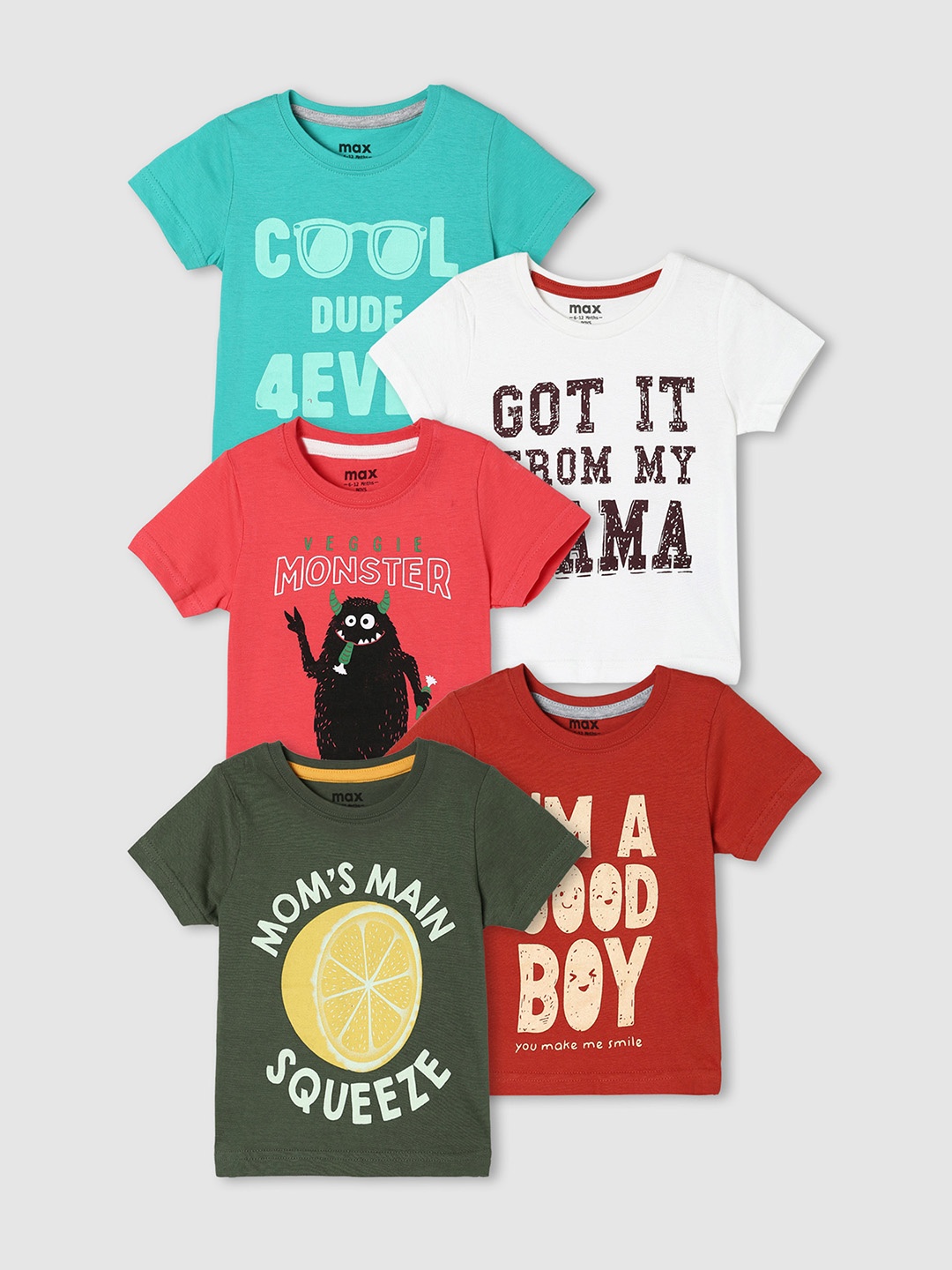 

max Boys Pack of 5 Printed T-shirt, Multi