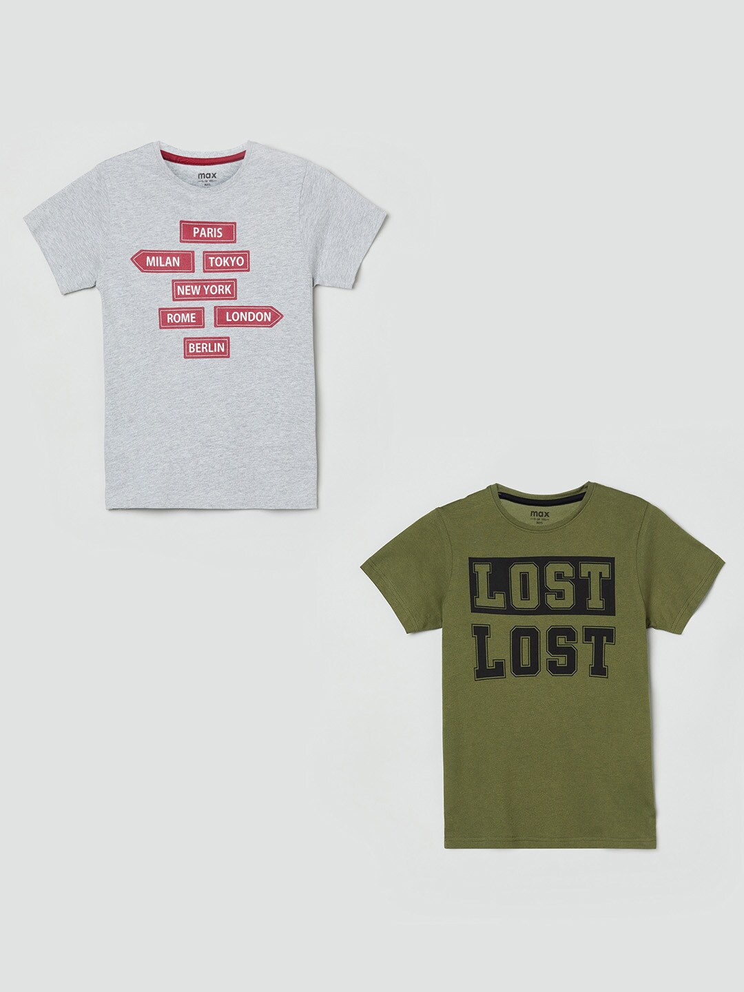

max Boys Grey & Green Typography Pack of 2 Printed T-shirt