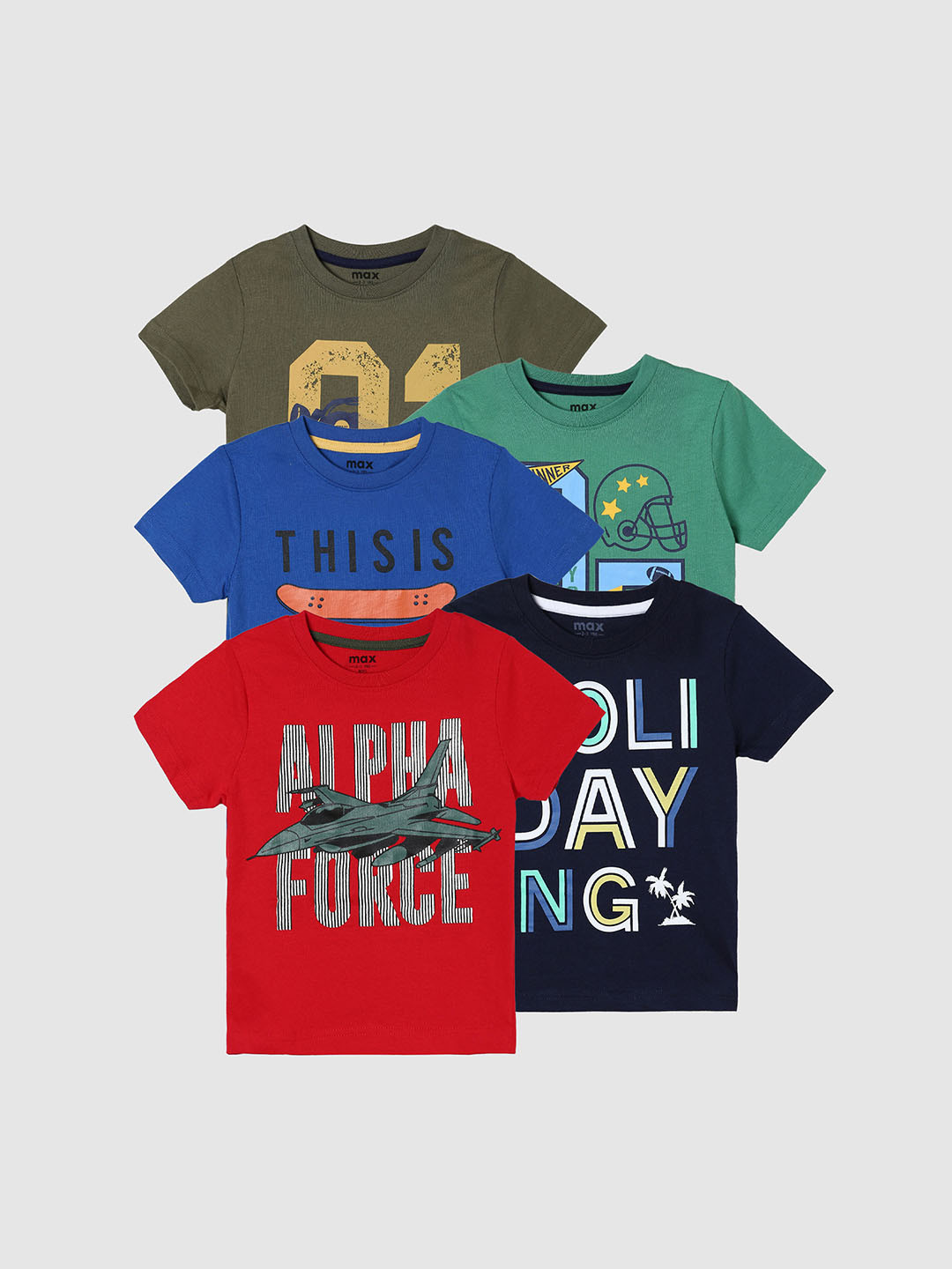 

max Boys Pack of 5 Printed Cotton T-shirts, Multi