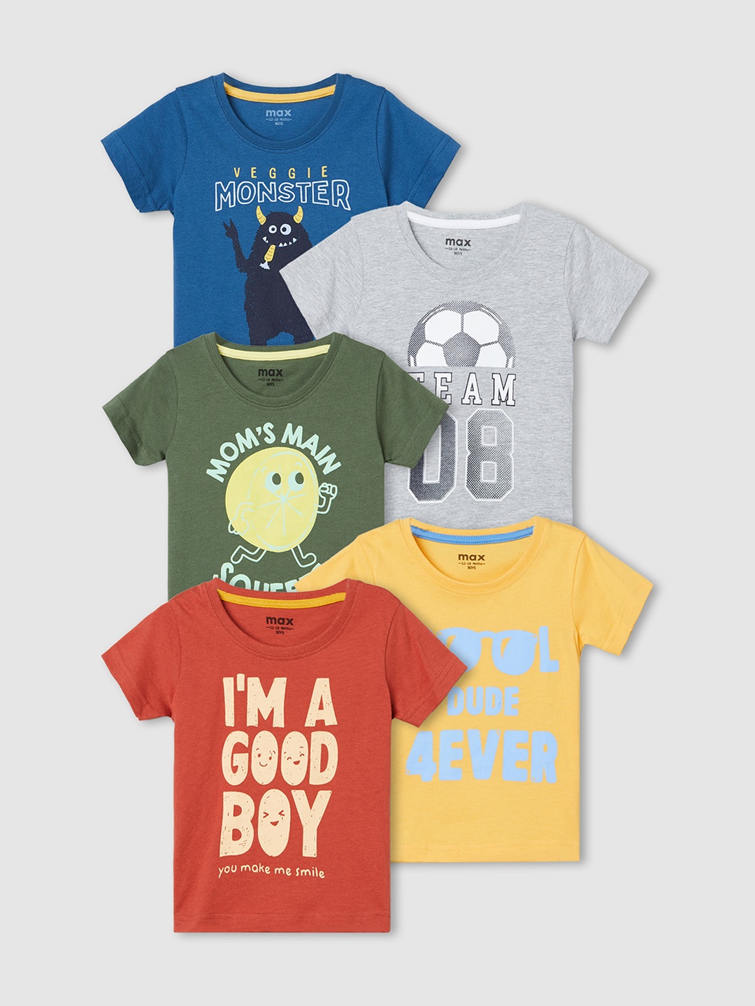 

max Boys Pack of 5 Printed T-shirt, Multi