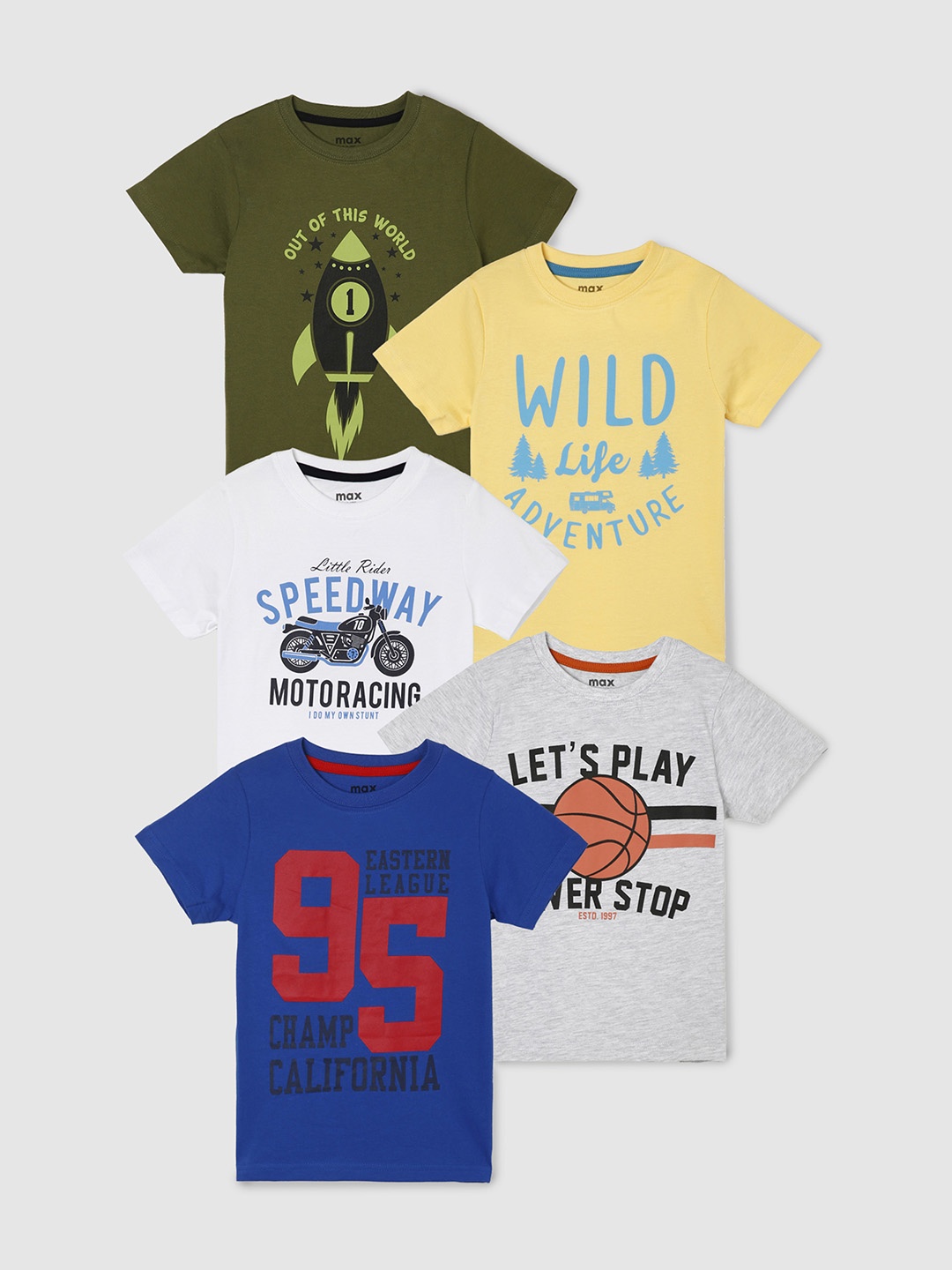 

max Boys Pack of 5 Printed Cotton Pure Cotton T-shirts, Green