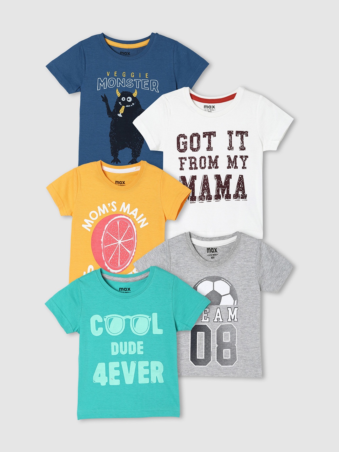 

max Boys Pack of 5 Printed T-shirt, Multi