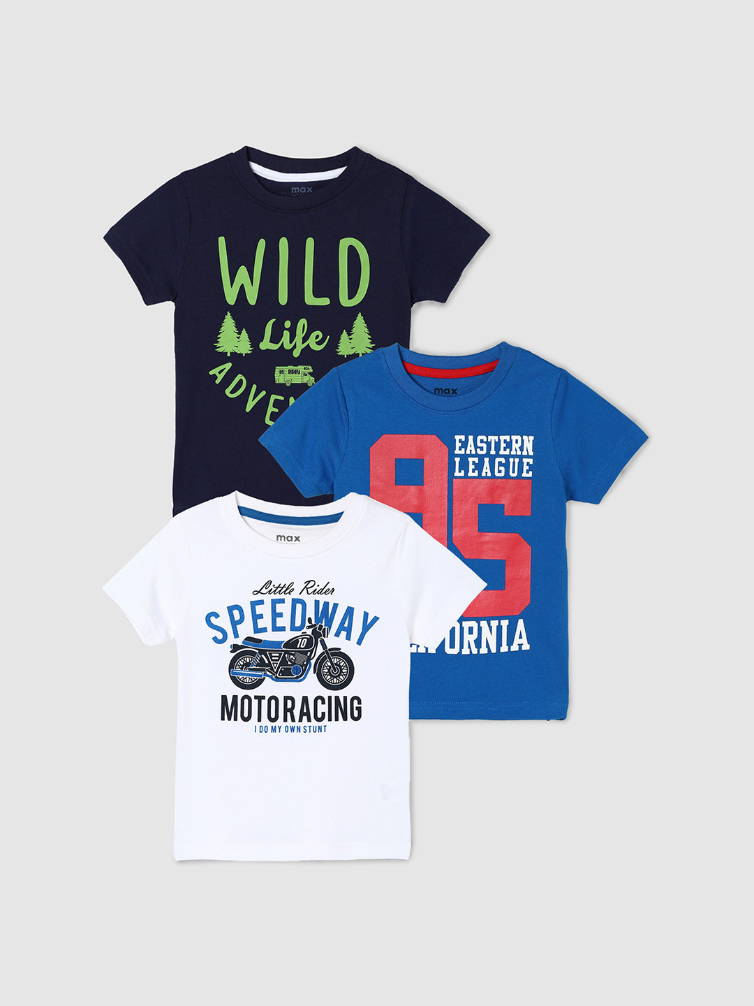 

max Boys Pack of 3 Printed Cotton T-shirt, White