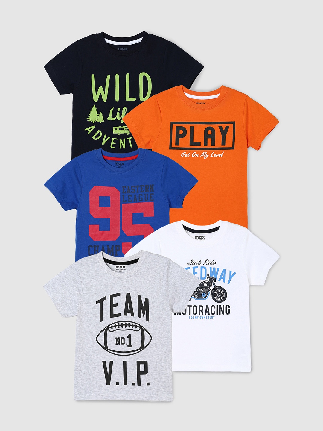

max Boys Pack of 5 Printed Cotton Pure Cotton T-shirts, Blue