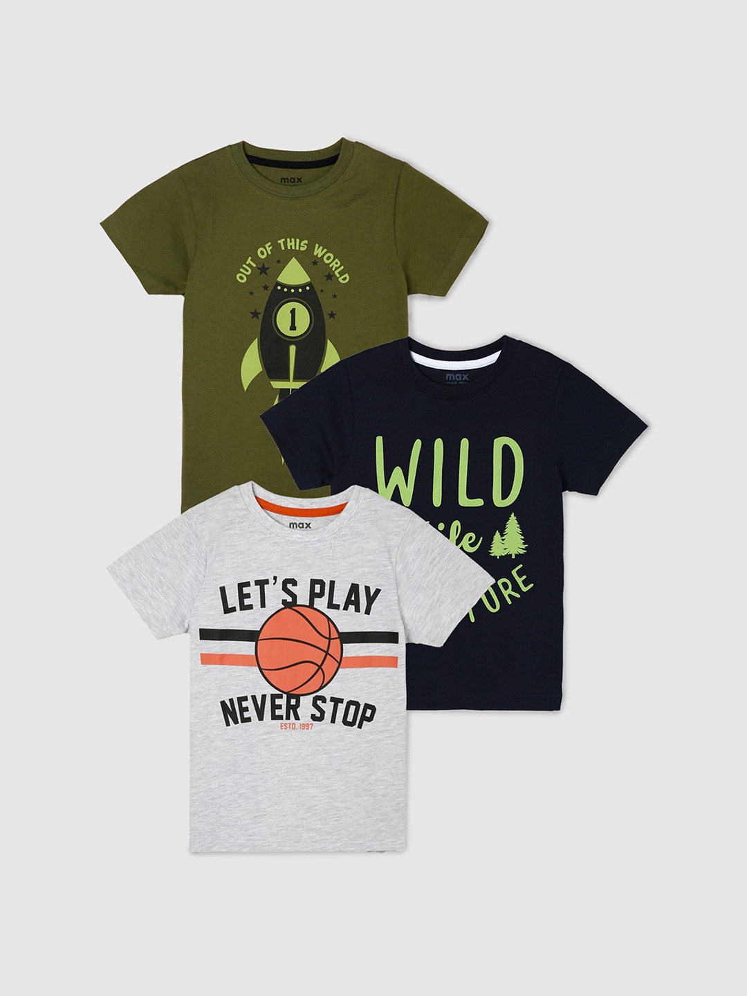 

max Boys Pack of 3 Printed T-shirt, Green