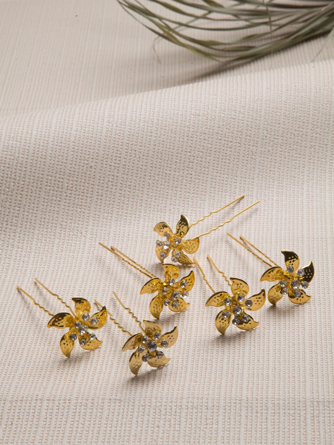 

PANASH Set of 6 Gold-Toned Stone-Studded Floral Hair Pins