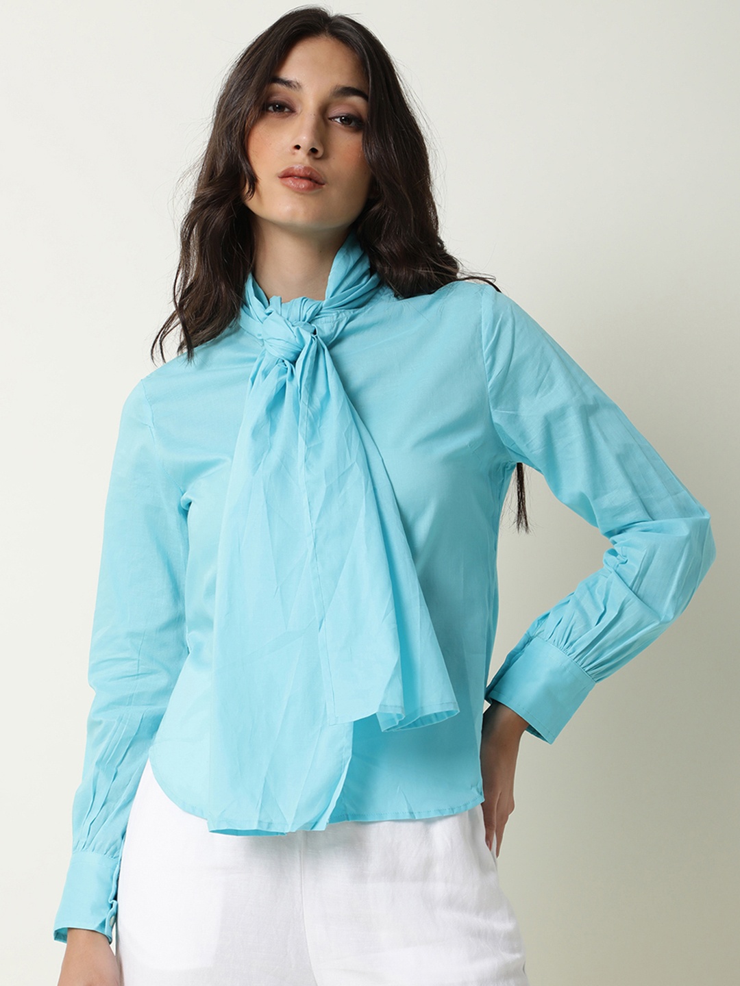 

RAREISM Blue Tie-Up Neck Regular Top