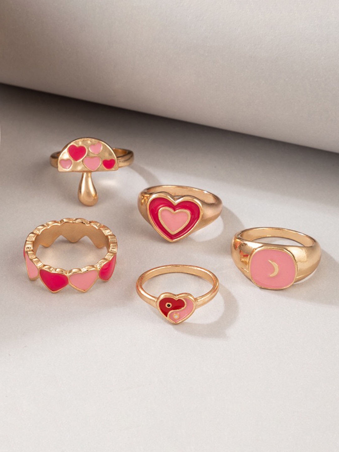 

YouBella Set Of 5 Pink-Toned & Gold-Plated Enameled Finger Rings