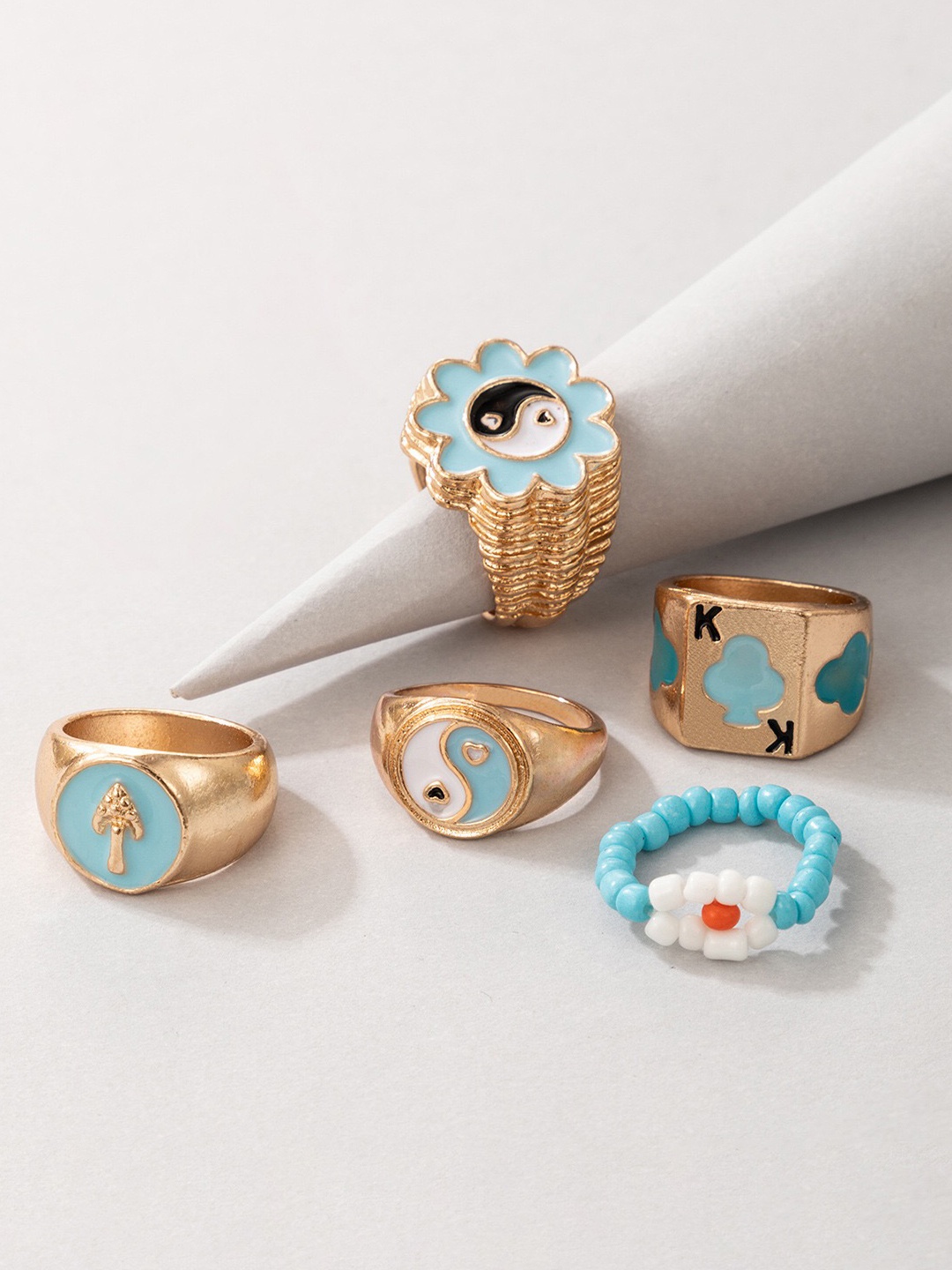 

YouBella Set of 5 Gold-Plated Blue Beaded Enamelled Finger Rings