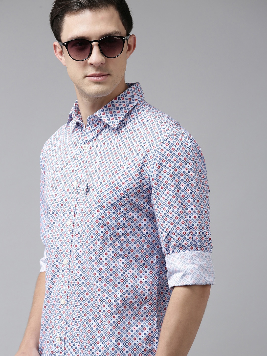 

U S Polo Assn Men Blue Geometric Printed Tailored Fit Opaque Casual Shirt, Red
