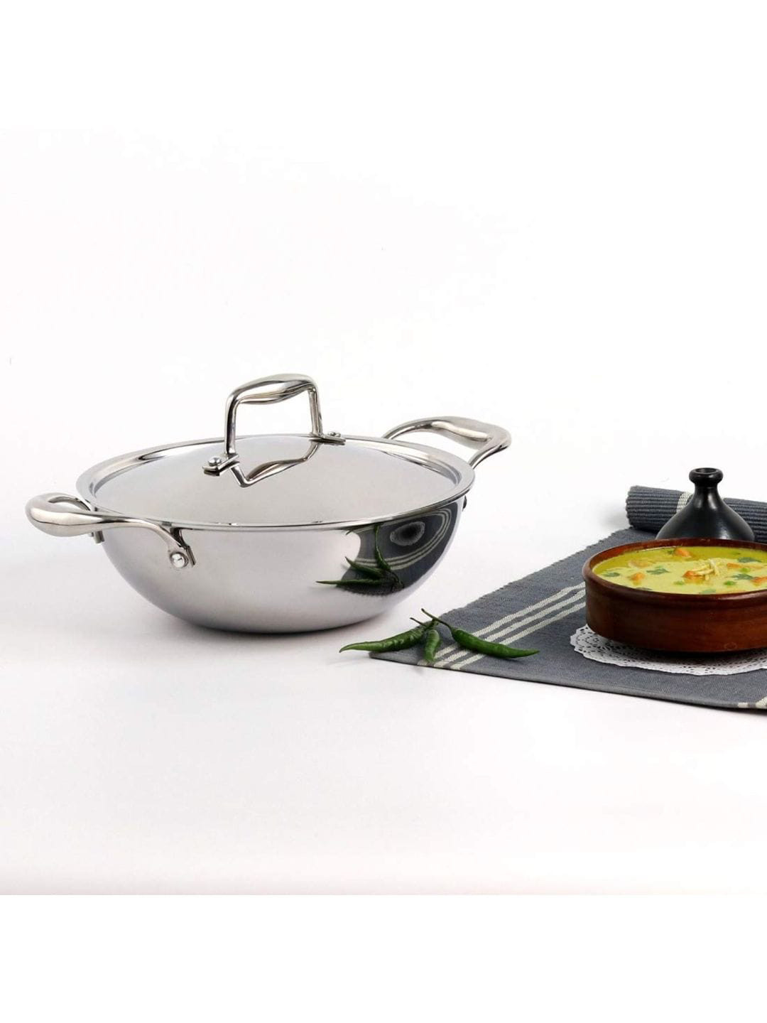 

Wonderchef Silver-Toned Solid 3-Ply Stainless Steel Kadhai With Lid