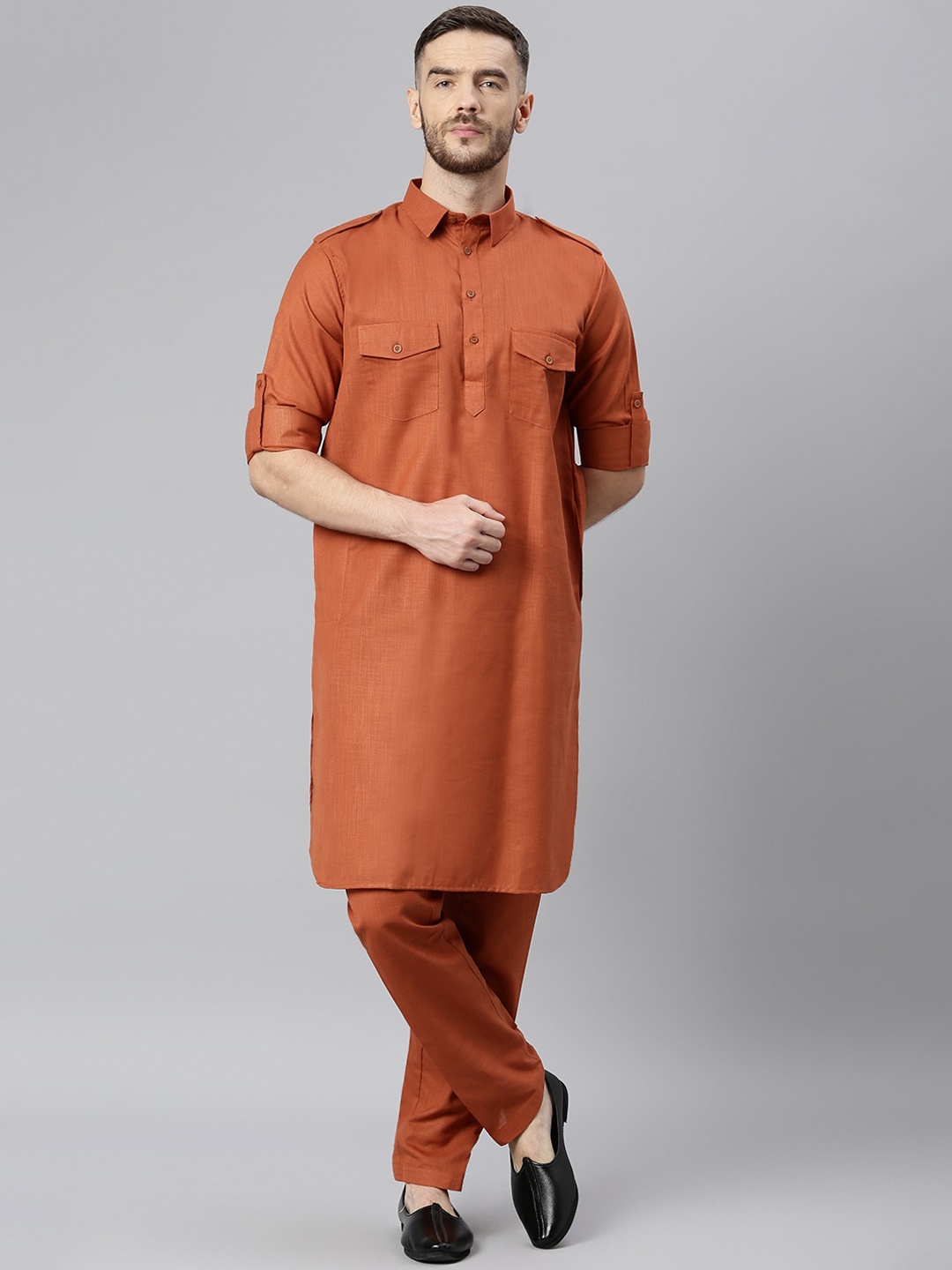 

Hangup Men Rust Orange Regular Kurta with Pyjama