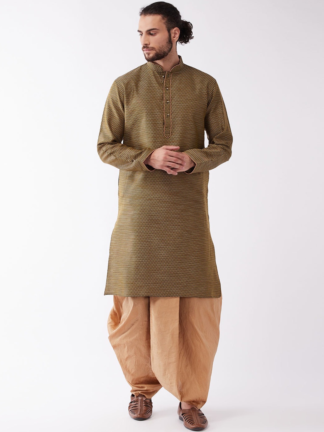 

VASTRAMAY Men Olive & Rose-Gold Woven Design Thread Work Jacquard Kurta With Dhoti Pants
