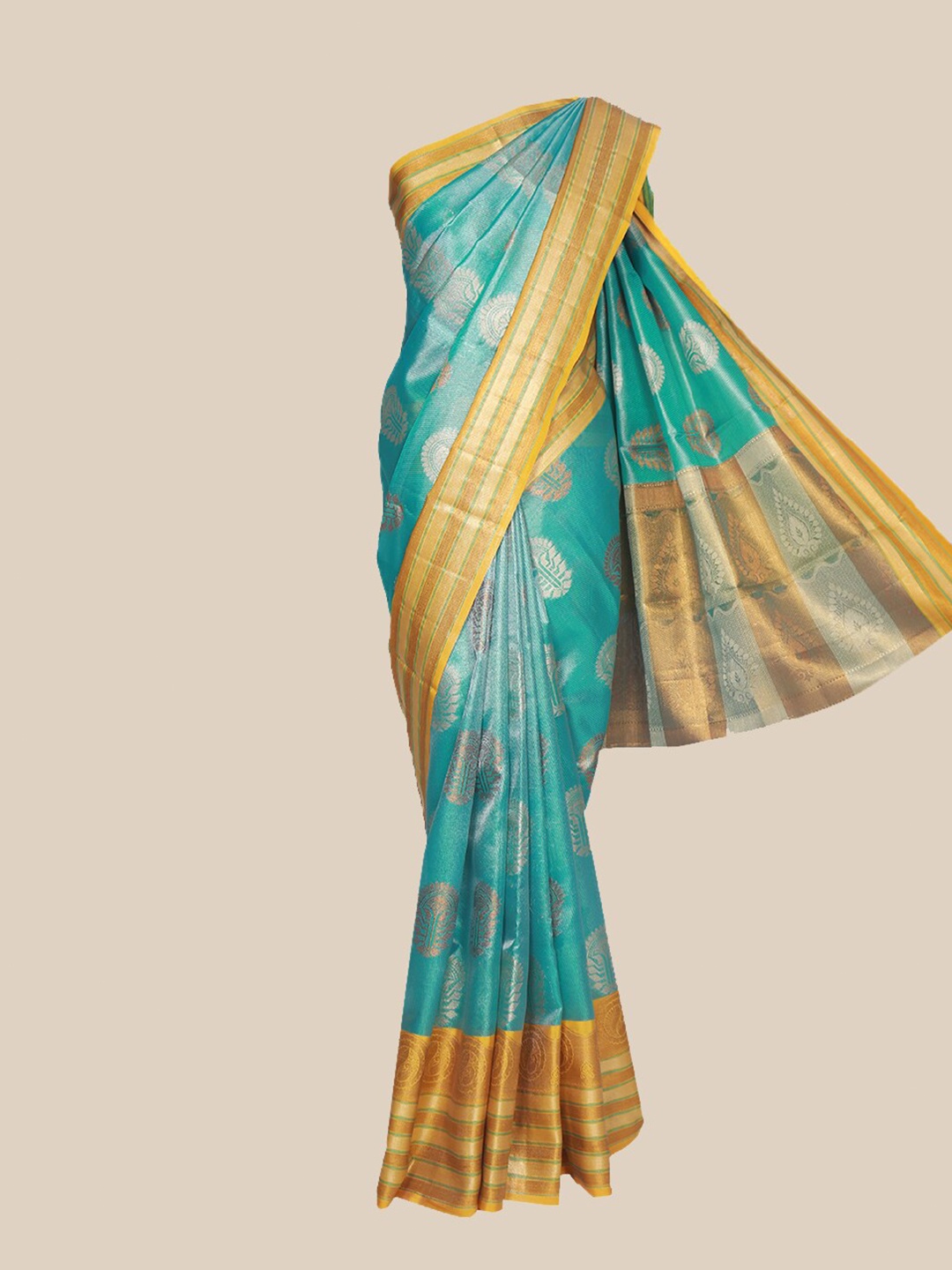 

The Chennai Silks Turquoise Blue & Yellow Woven Design Zari Organza Banarasi Saree