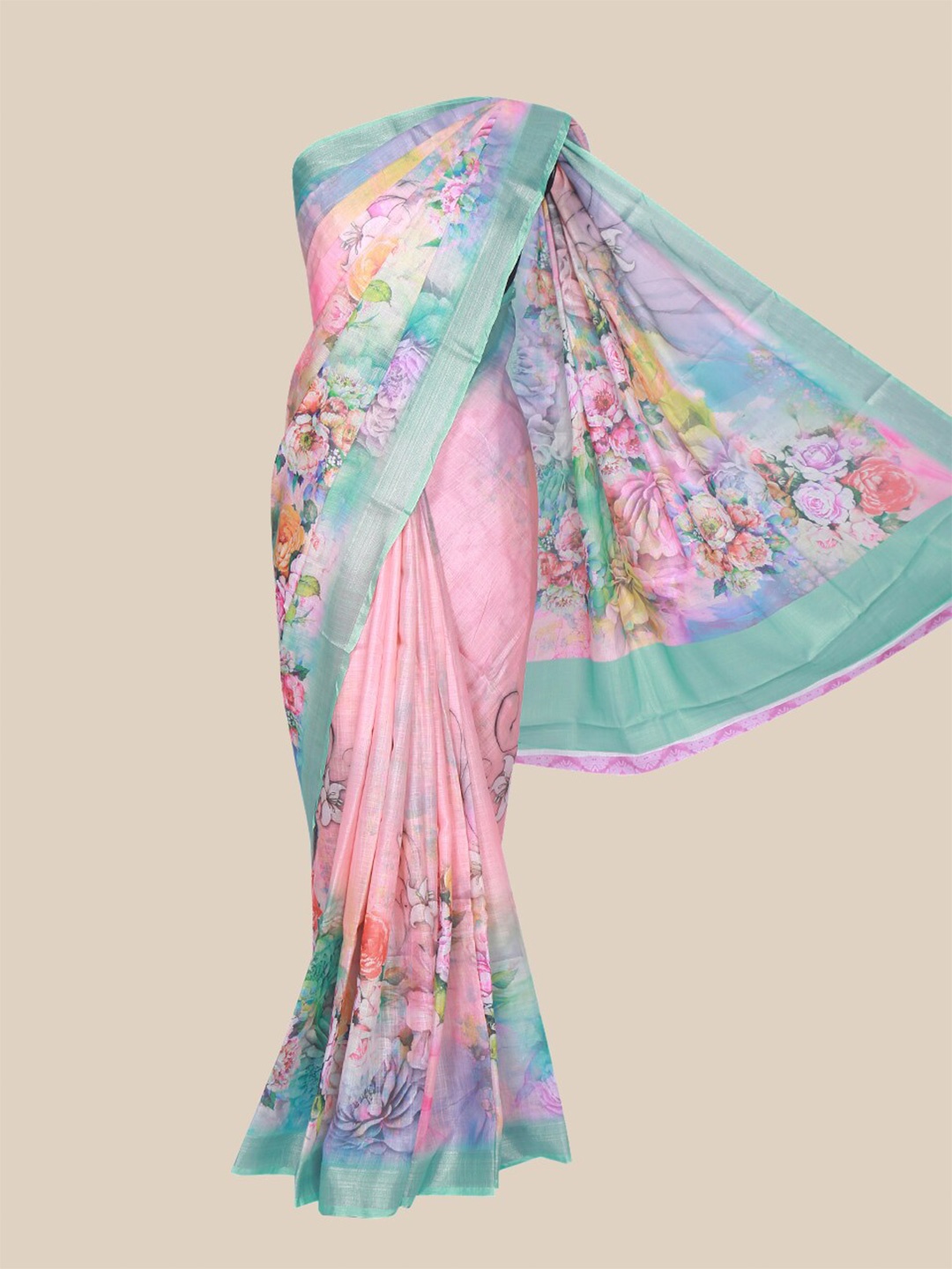 

The Chennai Silks Pink & Turquoise Blue Floral Printed Linen Blend Saree