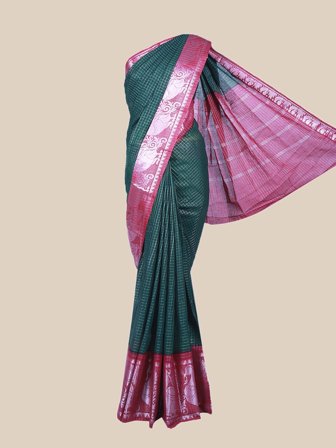 

The Chennai Silks Green & Pink Checked Pure Cotton Sungudi Saree