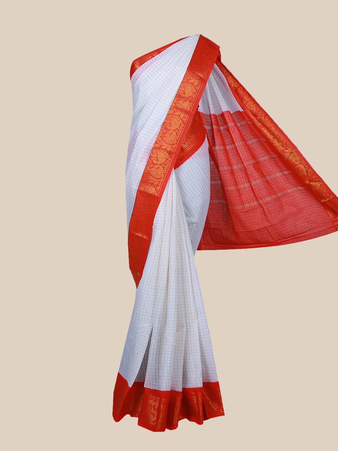 

The Chennai Silks White & Red Woven Design Pure Cotton Fusion Sungudi Saree