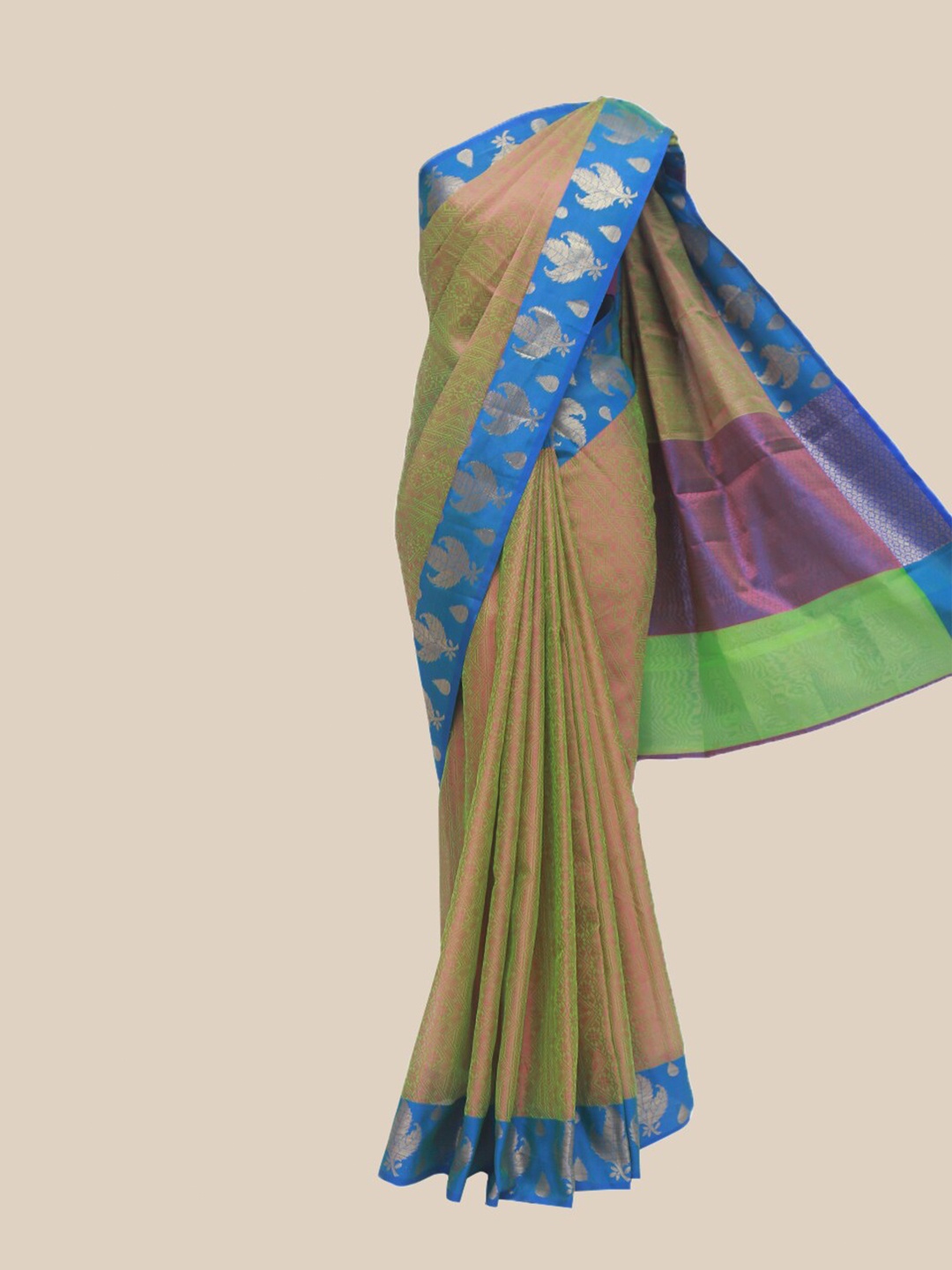 

The Chennai Silks Green & Blue Floral Zari Organza Fusion Banarasi Saree