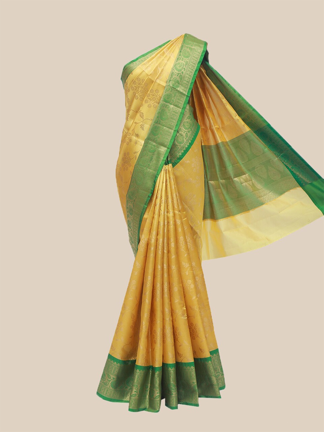 

The Chennai Silks Gold-Toned & Green Woven Design Zari Organza Banarasi Saree