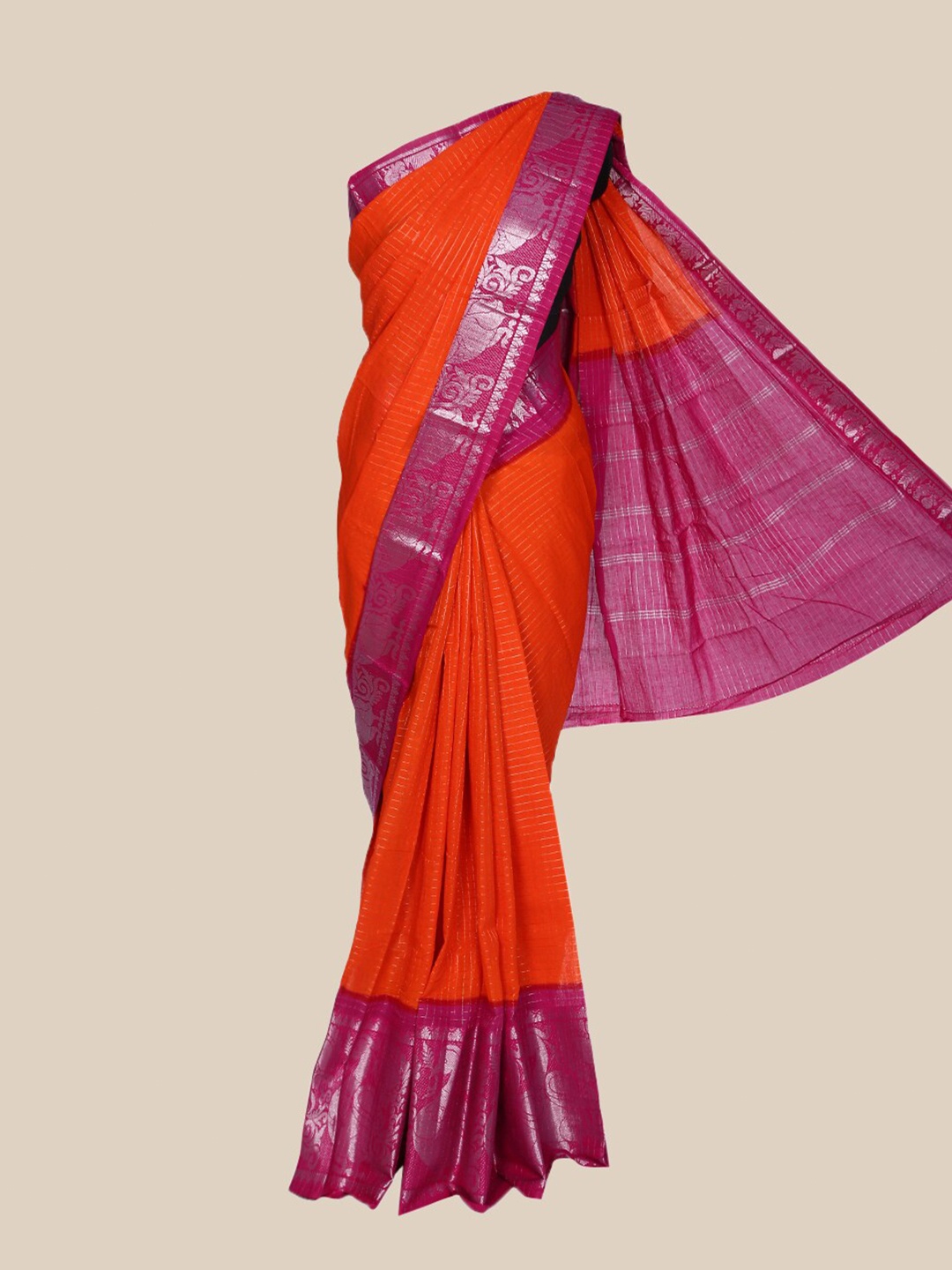 

The Chennai Silks Orange & Magenta Woven Design Zari Pure Cotton Fusion Sungudi Saree