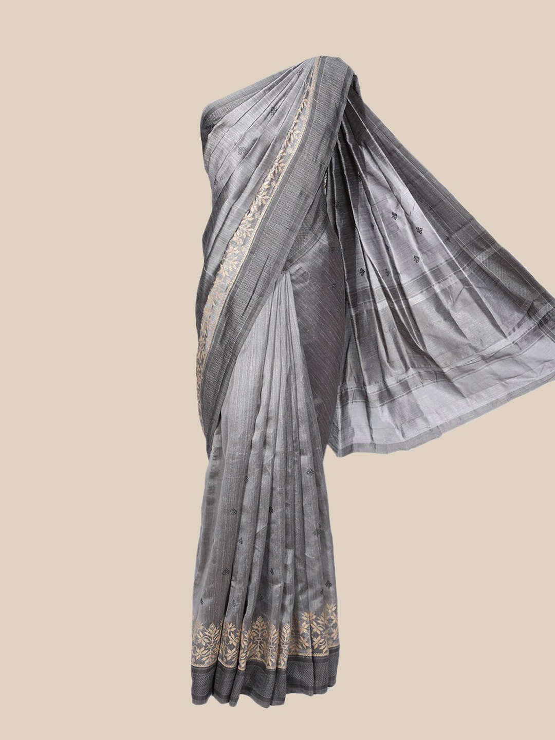 

The Chennai Silks Grey & Beige Floral Embroidered Jute Cotton Fusion Saree