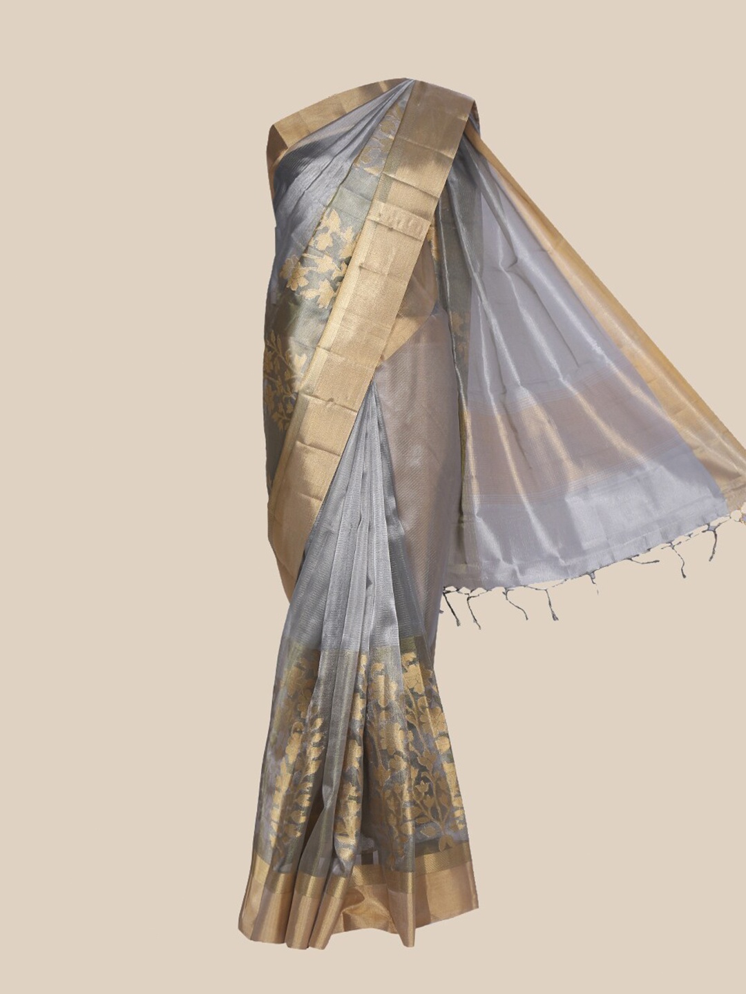 

The Chennai Silks Grey & Bronze-Toned Woven Design Tissue Fusion Saree