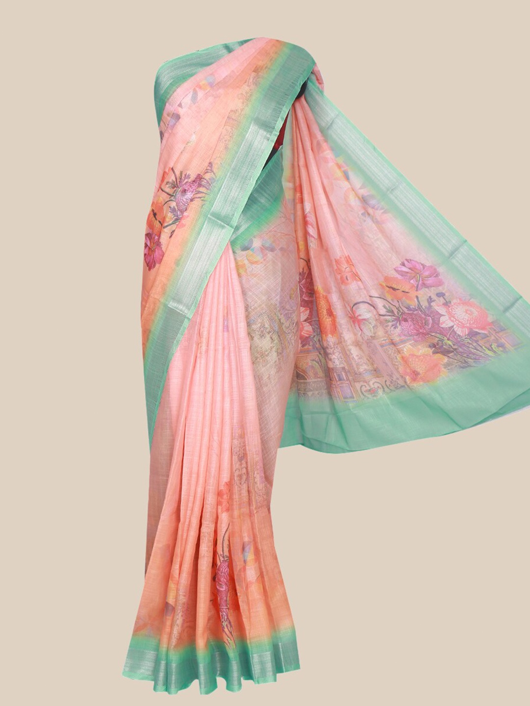 

The Chennai Silks Orange & Sea Green Floral Linen Blend Fusion Saree