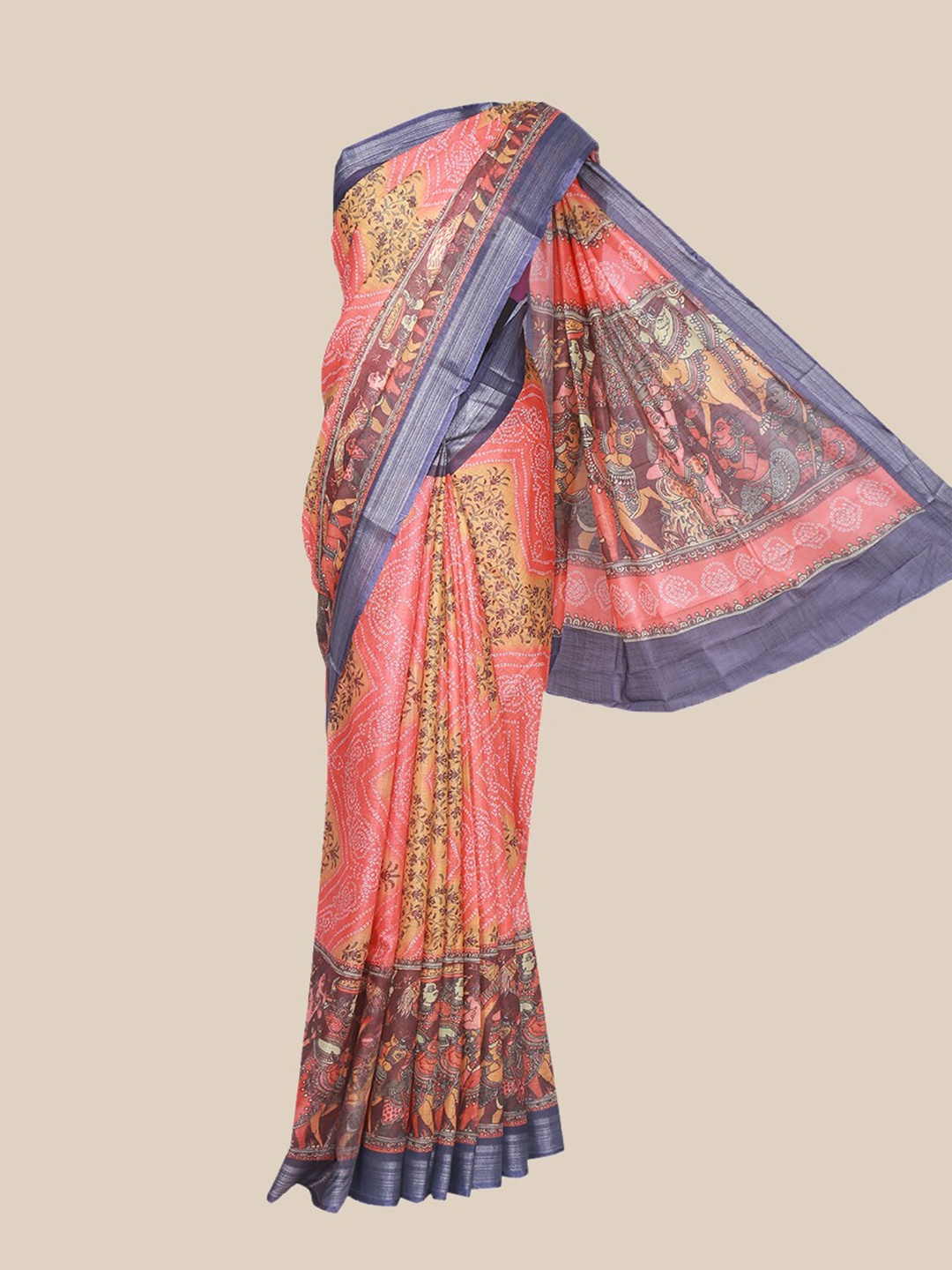 

The Chennai Silks Peach-Coloured & Blue Bandhani Linen Blend Fusion Saree