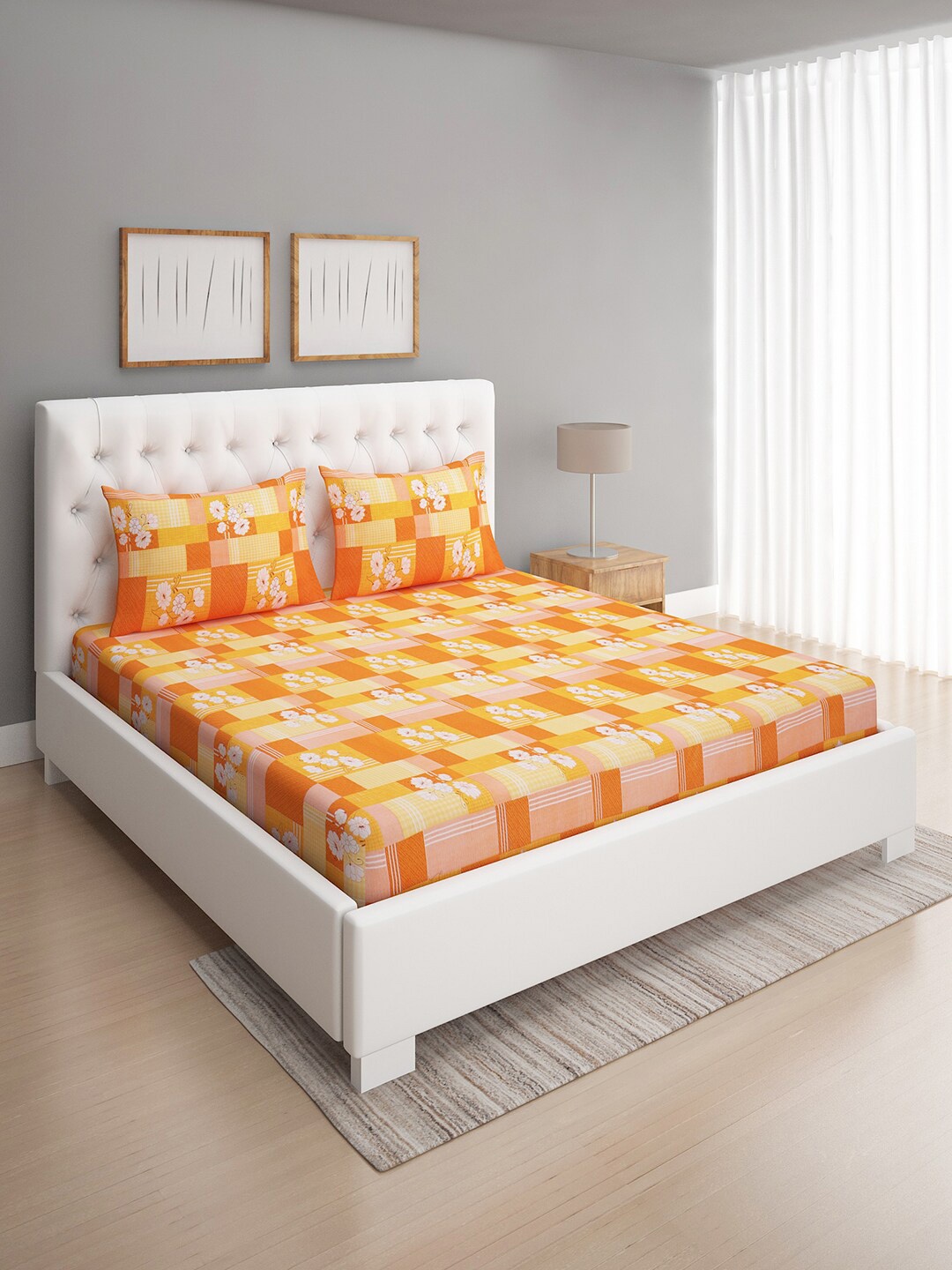 

ROMEE Mustard & Beige Floral 144 TC Microfiber Queen Bedsheet with 2 Pillow Covers