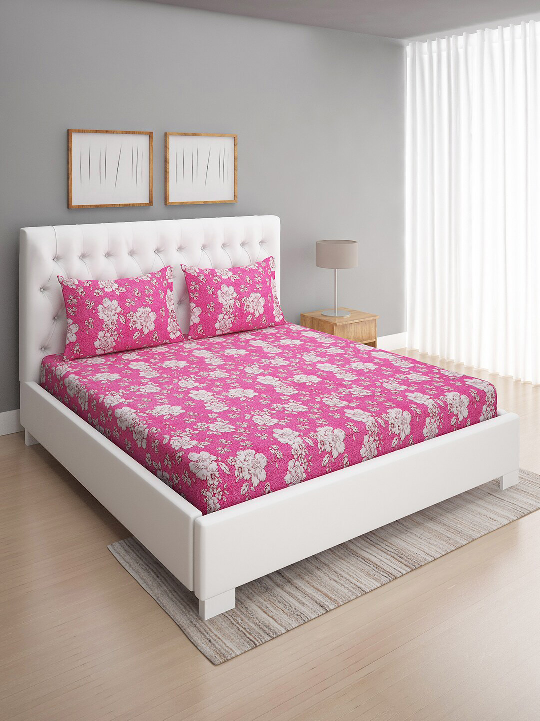 

ROMEE Pink & Beige Floral 144 TC Microfiber Queen Bedsheet with 2 Pillow Covers