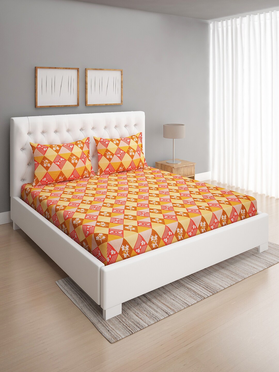 

ROMEE Yellow & Red Floral 144 TC Microfiber Queen Bedsheet with 2 Pillow Covers