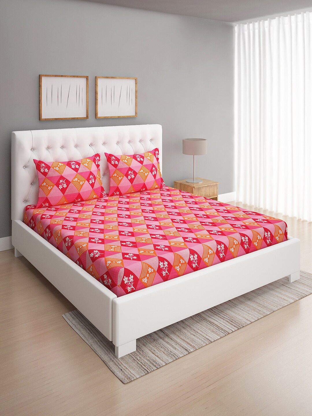 

ROMEE Pink & Red Floral 144 TC Queen Bedsheet with 2 Pillow Covers