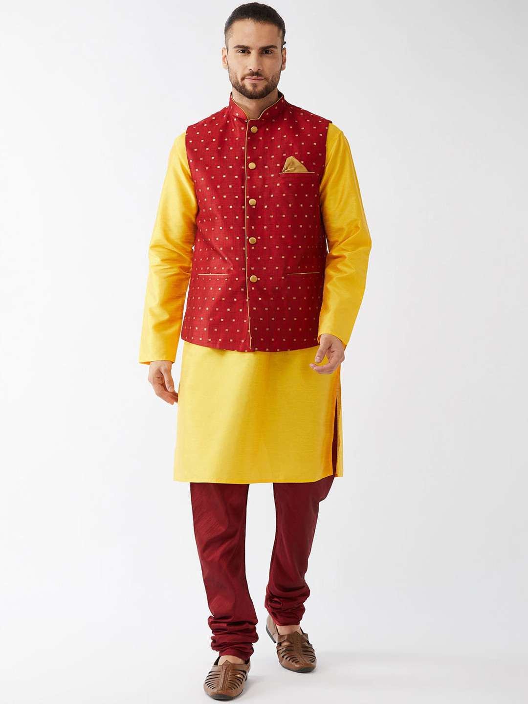 

VASTRAMAY Men Yellow Regular Kurta with Churidar