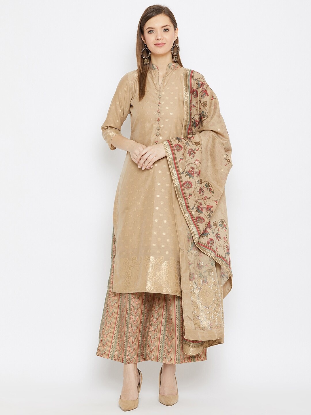 

Safaa Camel Brown & Red Woven Design Unstitched Dress Material