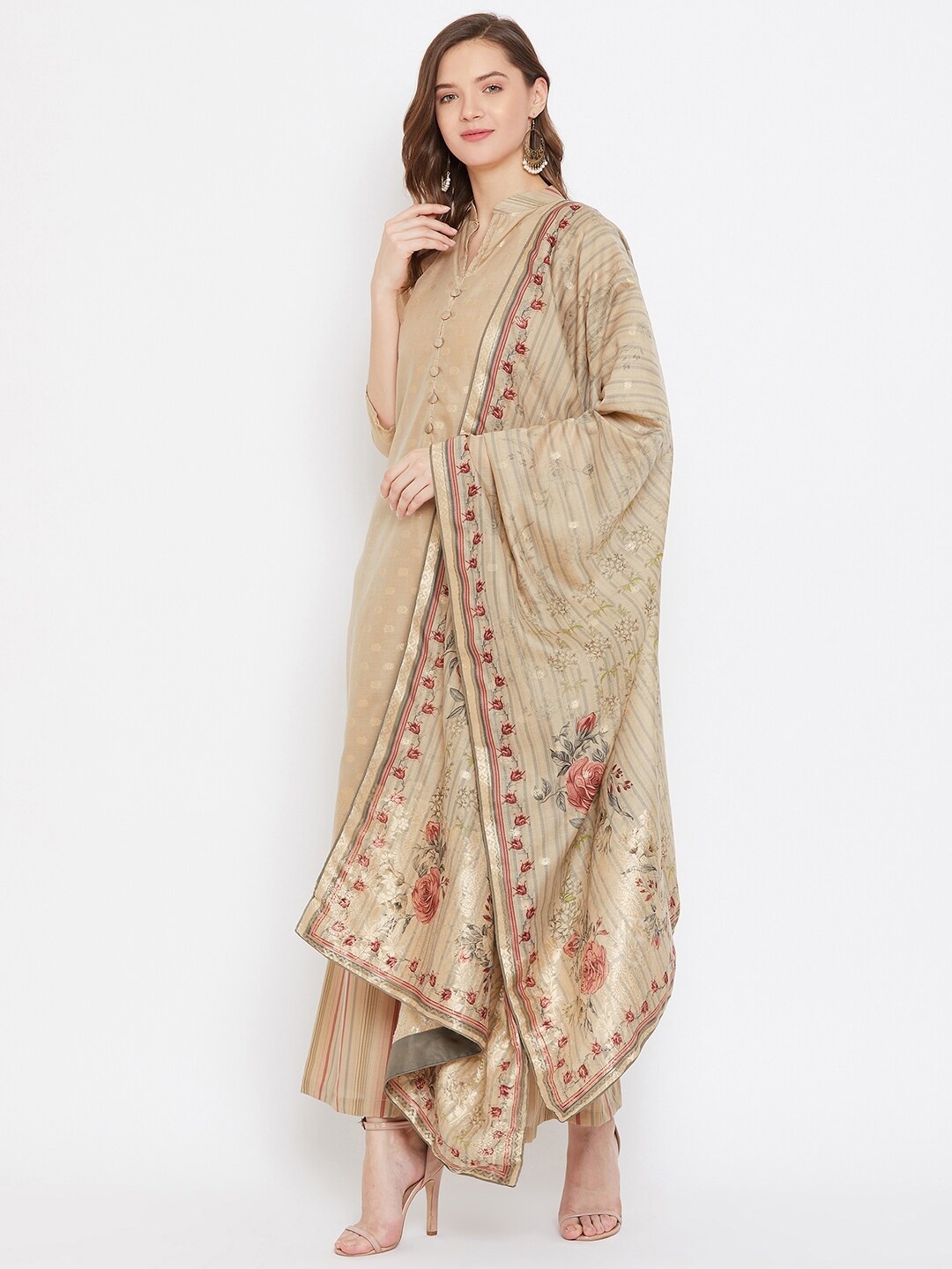 

Safaa Camel Brown & Red Woven Design Unstitched Dress Material