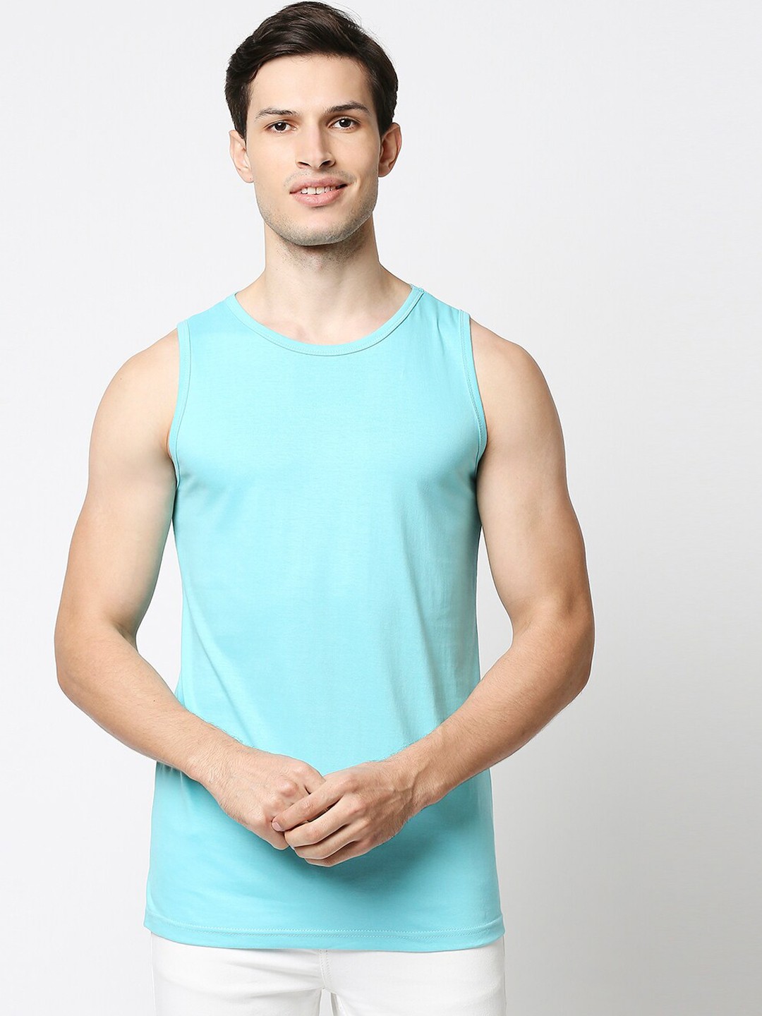 

Bewakoof Men Blue Solid Cotton Gym Vest