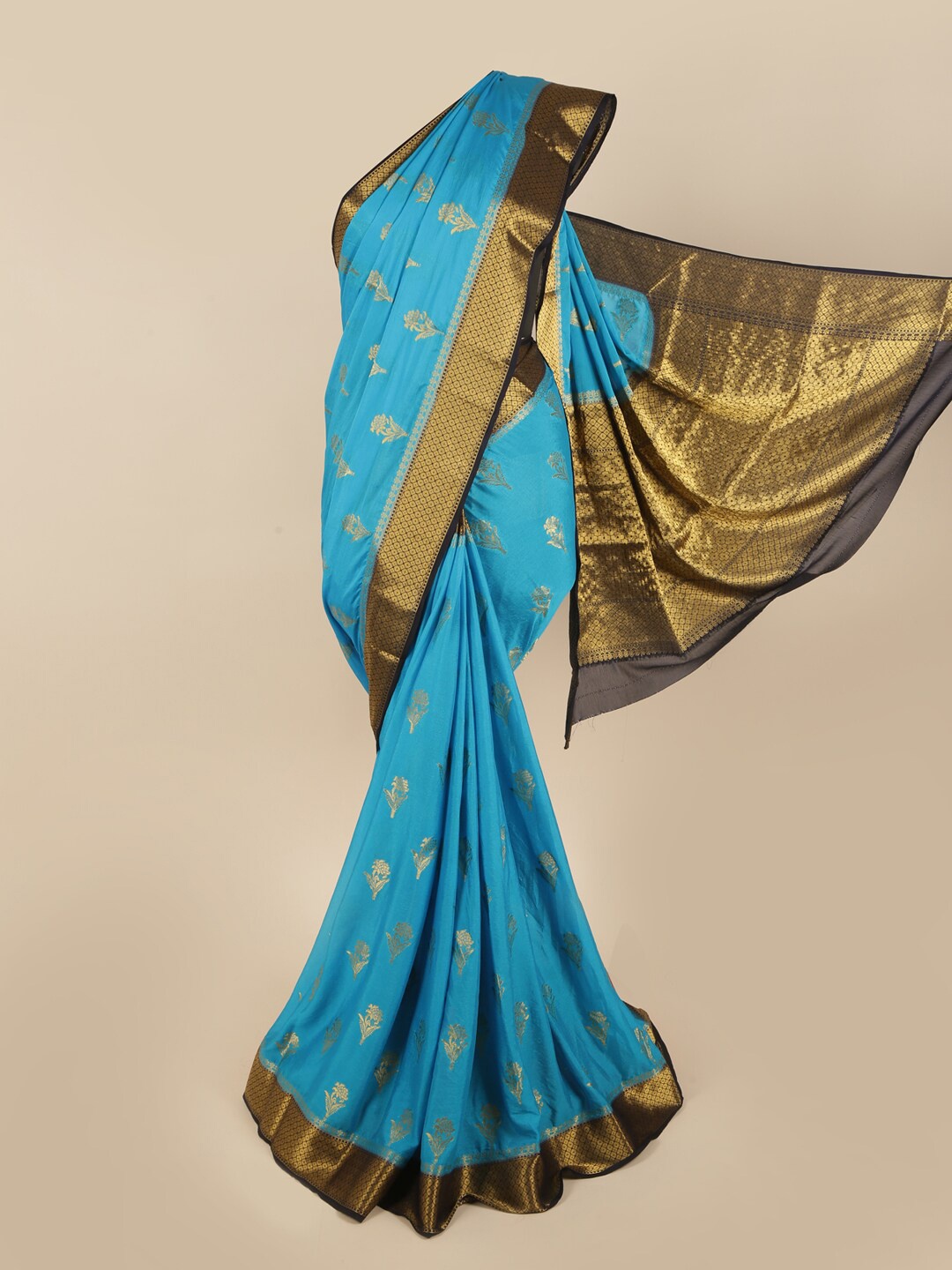 

Pothys Blue & Gold-Toned Floral Zari Art Silk Saree