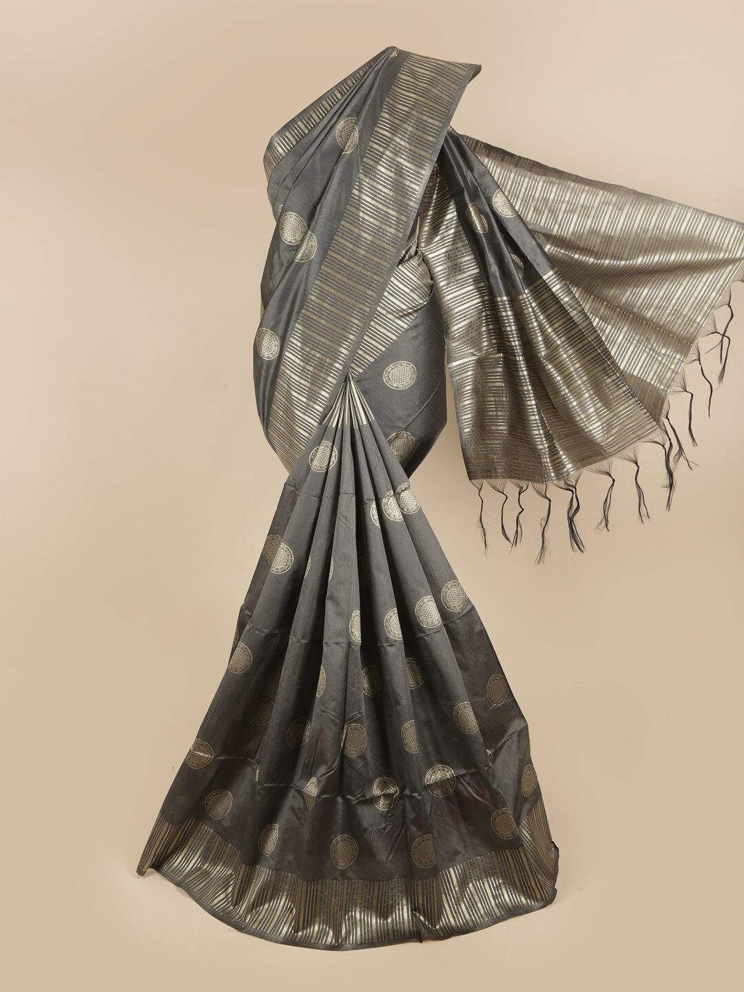 

Pothys Grey & Silver-Toned Zari Jute Silk Saree