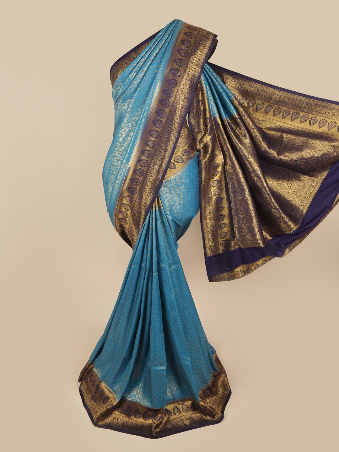 

Pothys Blue & Gold-Toned Floral Zari Art Silk Saree